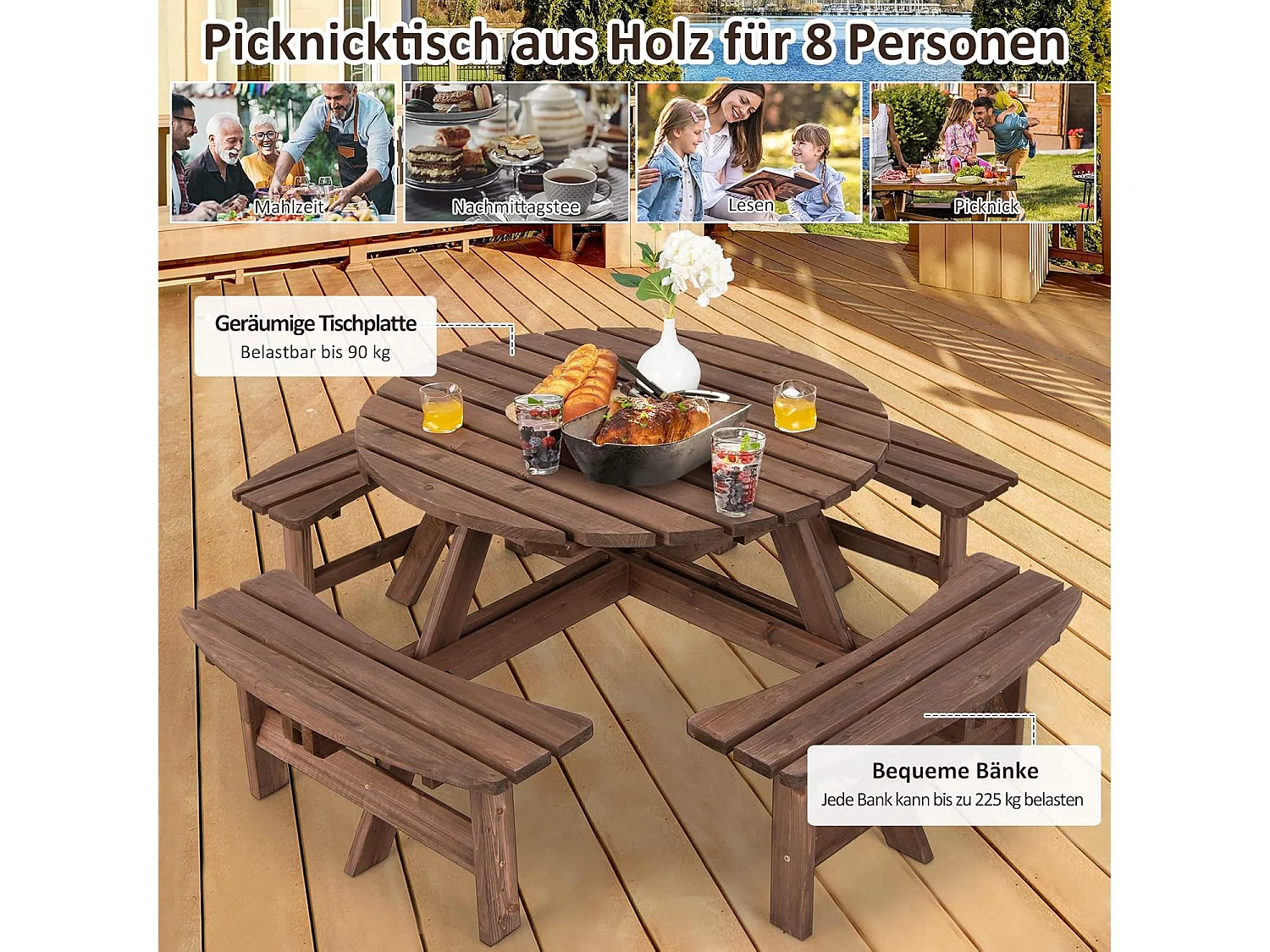 Picknicktafelset voor 8 personen, tuintafel van massief hout met parasolgat en 4 banken, terrasmeubels, tuinmeubelen, zitgroep voor tuin, terras