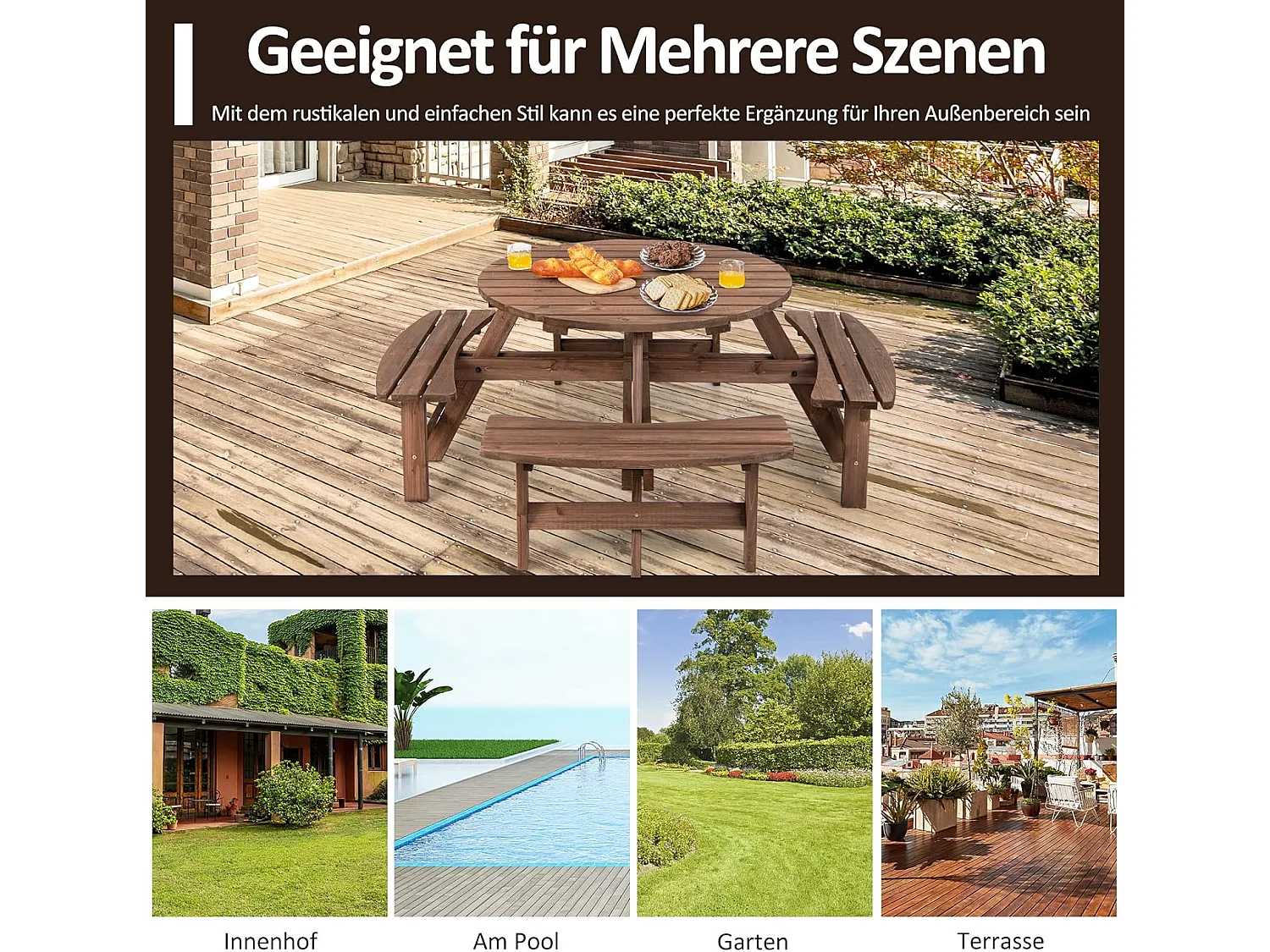Picknicktafelset voor 8 personen, tuintafel van massief hout met parasolgat en 4 banken, terrasmeubels, tuinmeubelen, zitgroep voor tuin, terras