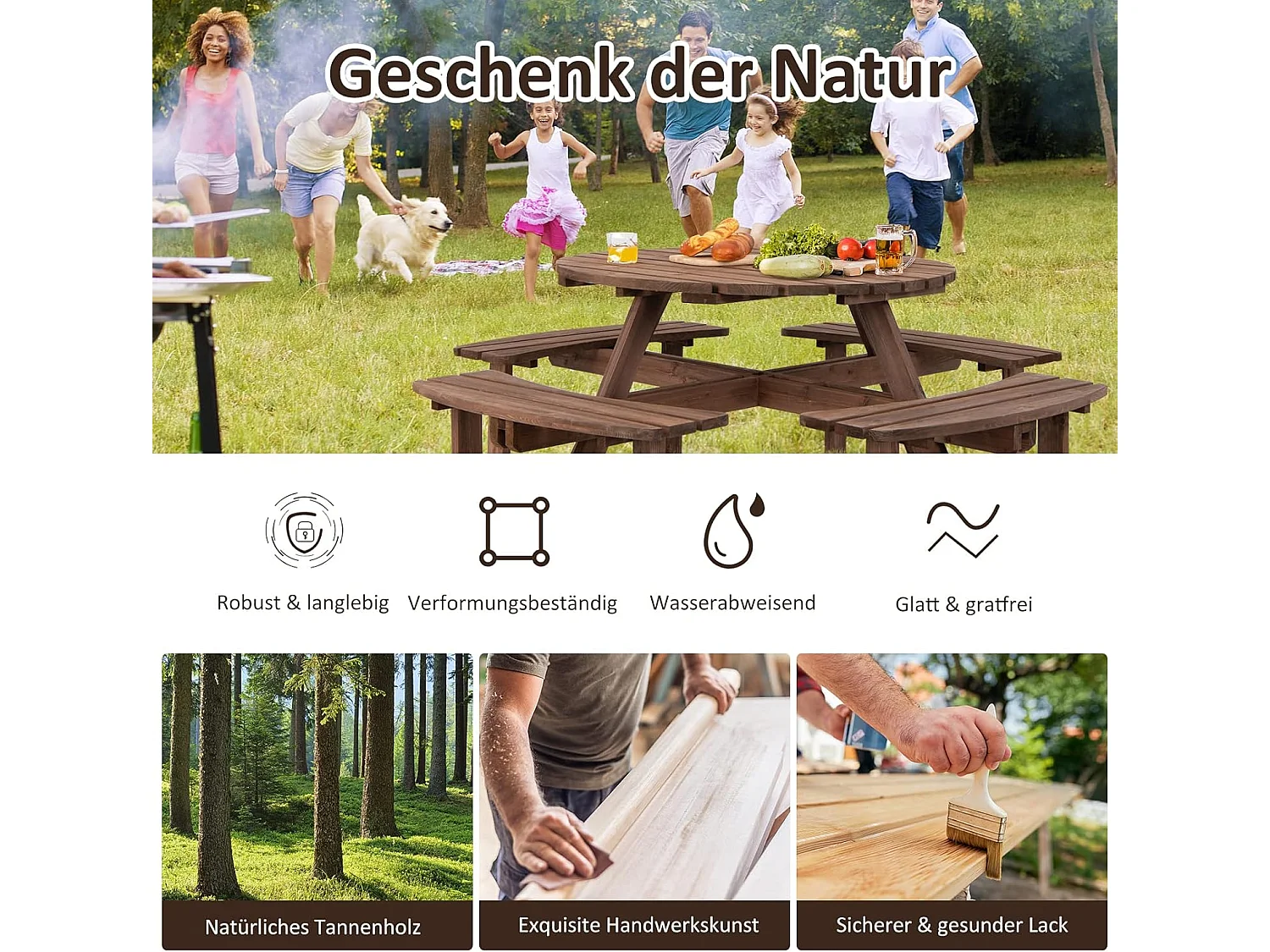 Picknicktafelset voor 8 personen, tuintafel van massief hout met parasolgat en 4 banken, terrasmeubels, tuinmeubelen, zitgroep voor tuin, terras