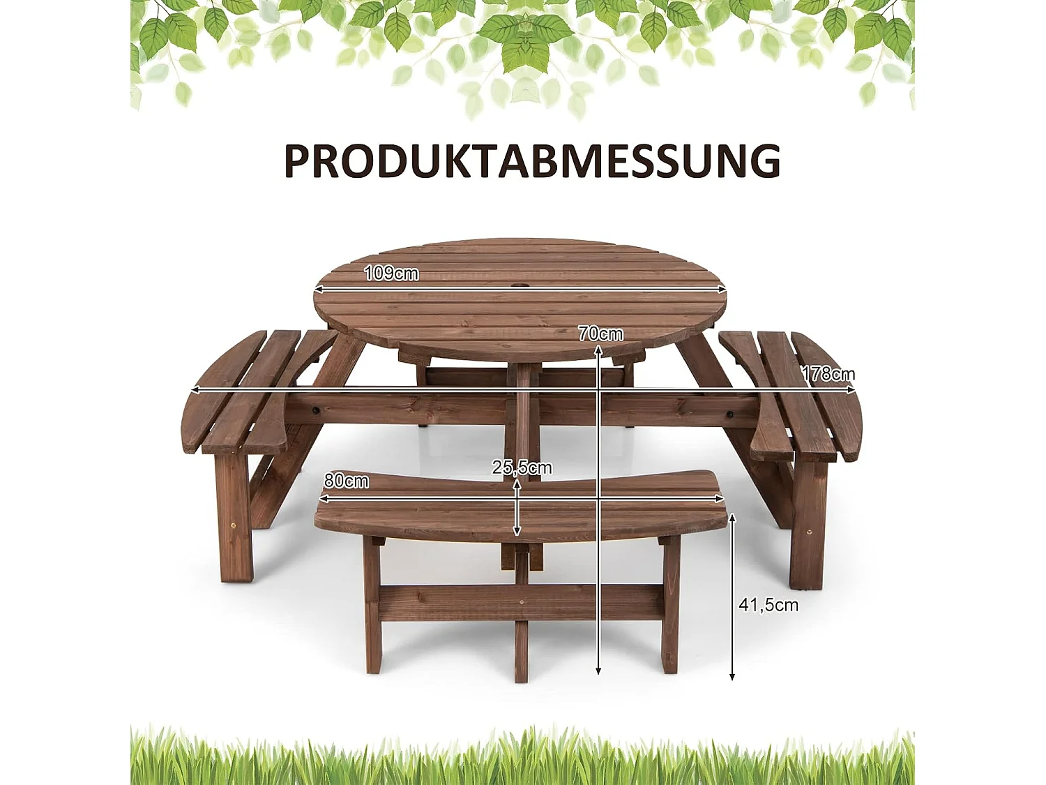 Picknicktafelset voor 8 personen, tuintafel van massief hout met parasolgat en 4 banken, terrasmeubels, tuinmeubelen, zitgroep voor tuin, terras