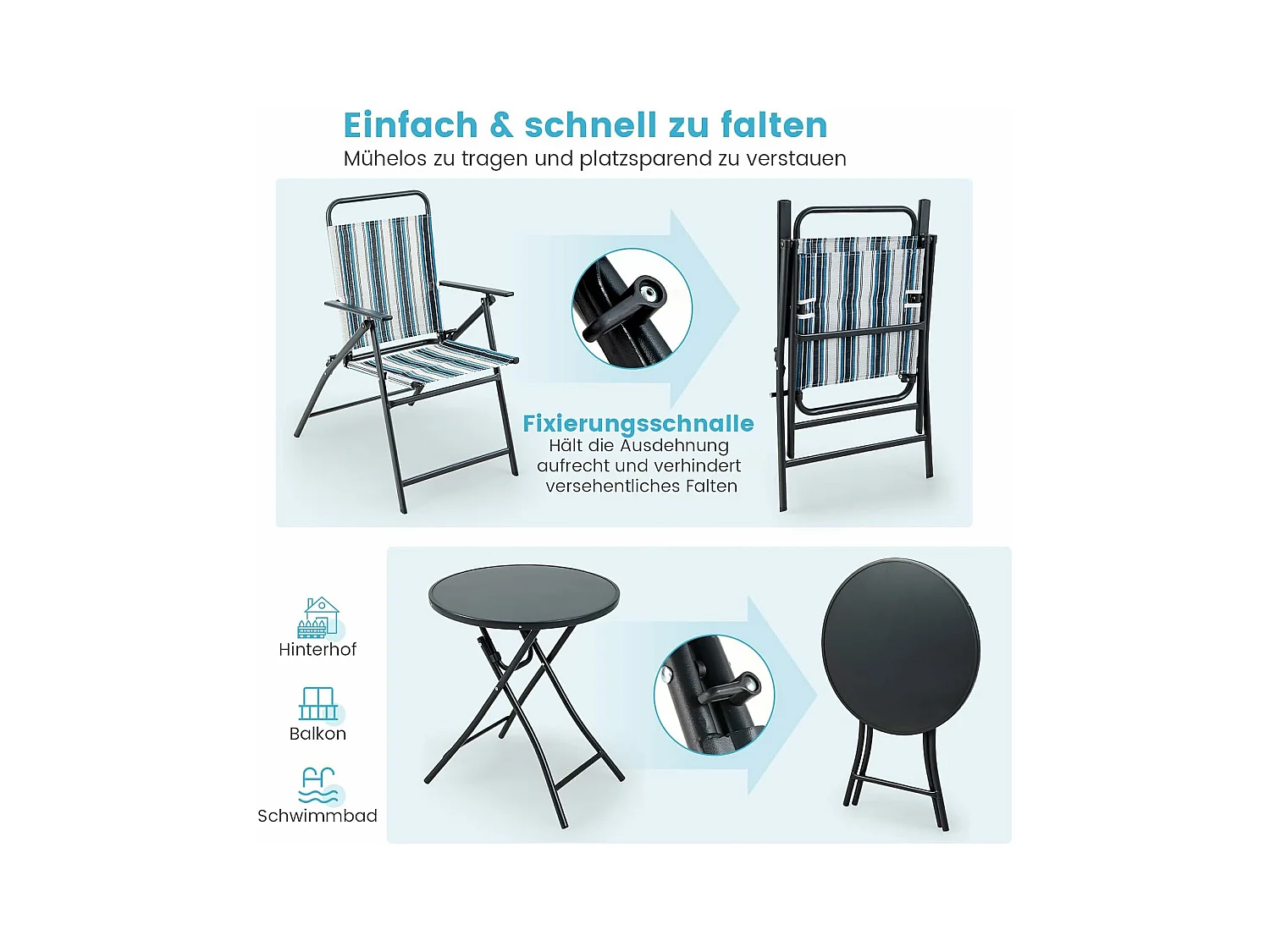 Bistrotafel met 2 stoelen, inklapbare balkonset, 3-delige tuinmeubelset, zitgroep, balkonmeubel, tuinmeubelen voor tuin, binnenplaats, balkon