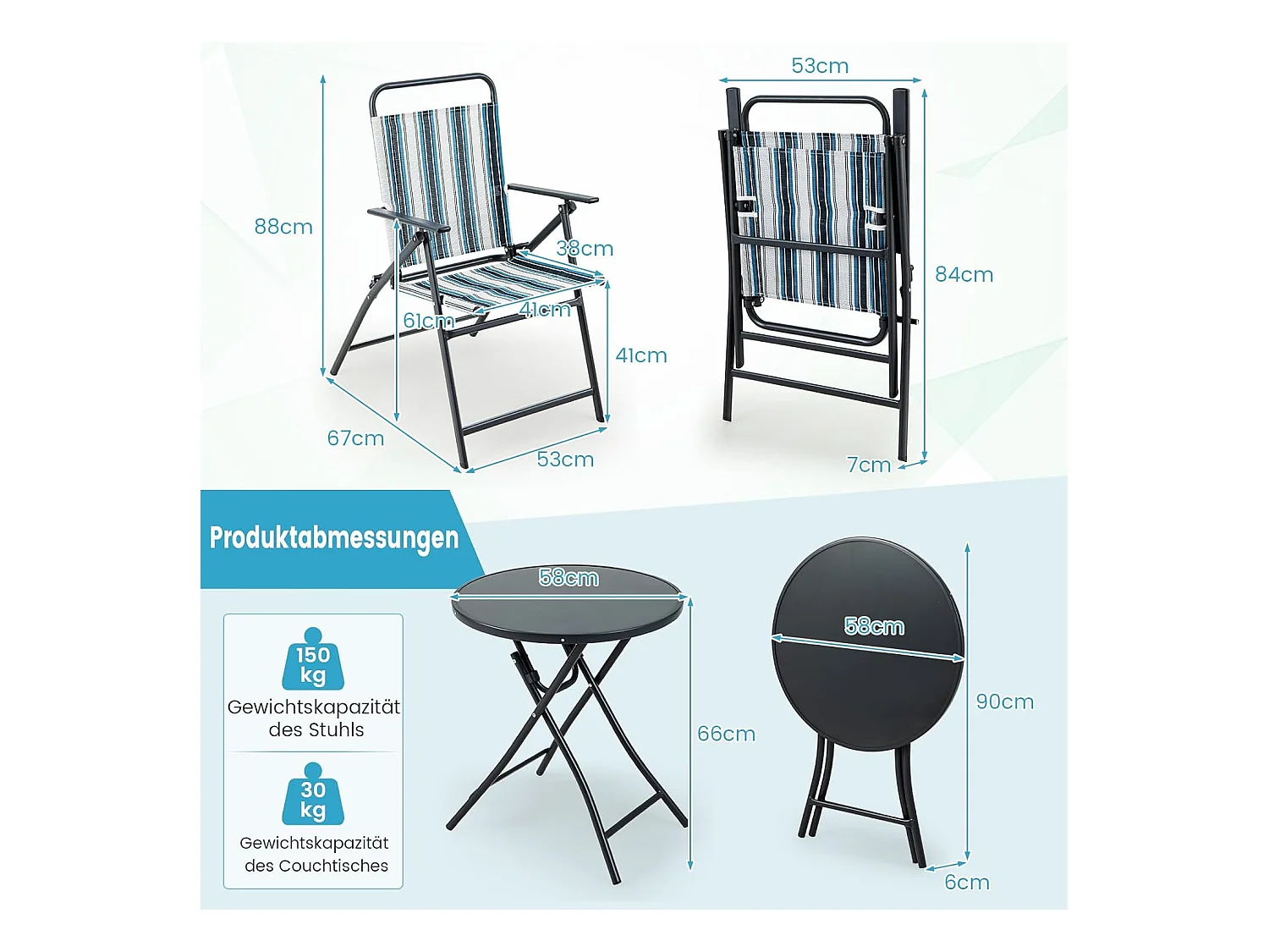 Bistrotafel met 2 stoelen, inklapbare balkonset, 3-delige tuinmeubelset, zitgroep, balkonmeubel, tuinmeubelen voor tuin, binnenplaats, balkon