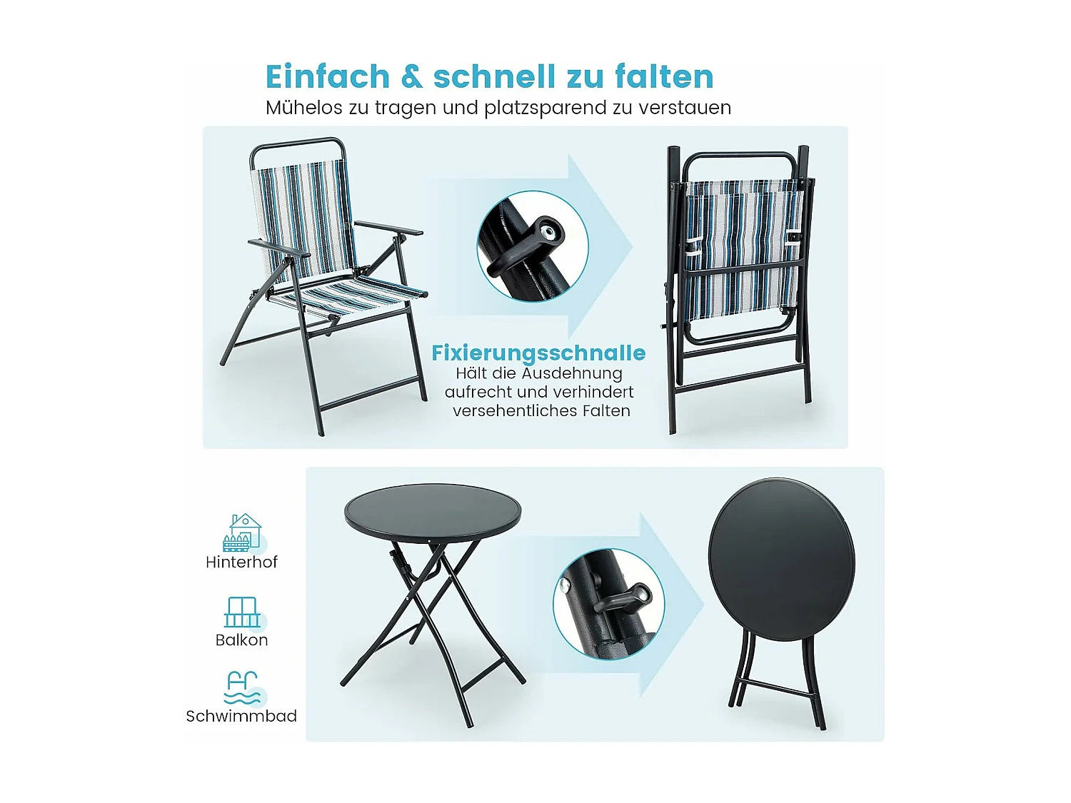 Bistrotafel met 2 stoelen, inklapbare balkonset, 3-delige tuinmeubelset, zitgroep, balkonmeubel, tuinmeubelen voor tuin, binnenplaats, balkon