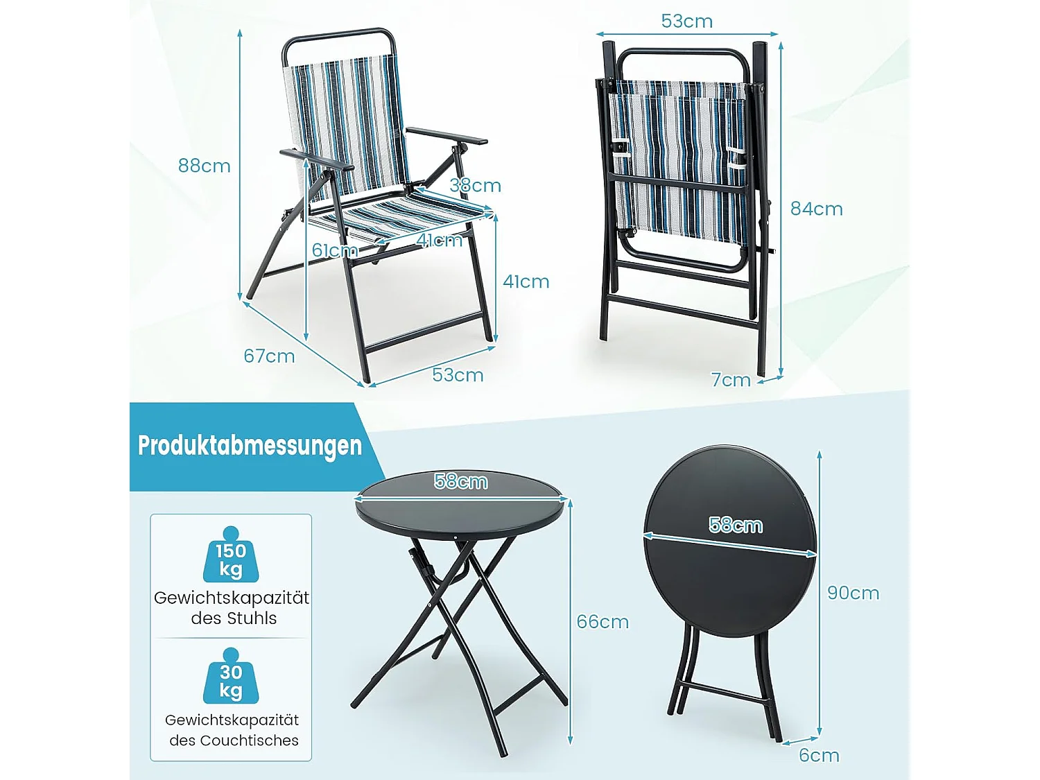 Bistrotafel met 2 stoelen, inklapbare balkonset, 3-delige tuinmeubelset, zitgroep, balkonmeubel, tuinmeubelen voor tuin, binnenplaats, balkon