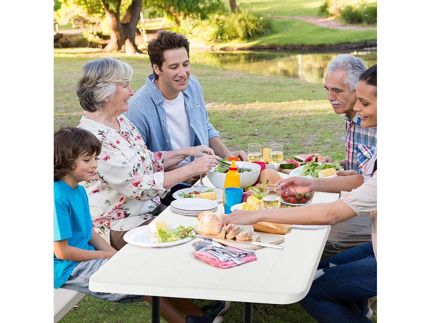 Inklapbare picknicktafel met banken, 136 cm, campingtafelset voor buiten, biertentgarnituur, biertafelgarnituur voor terras, tuin (wit)AB92894