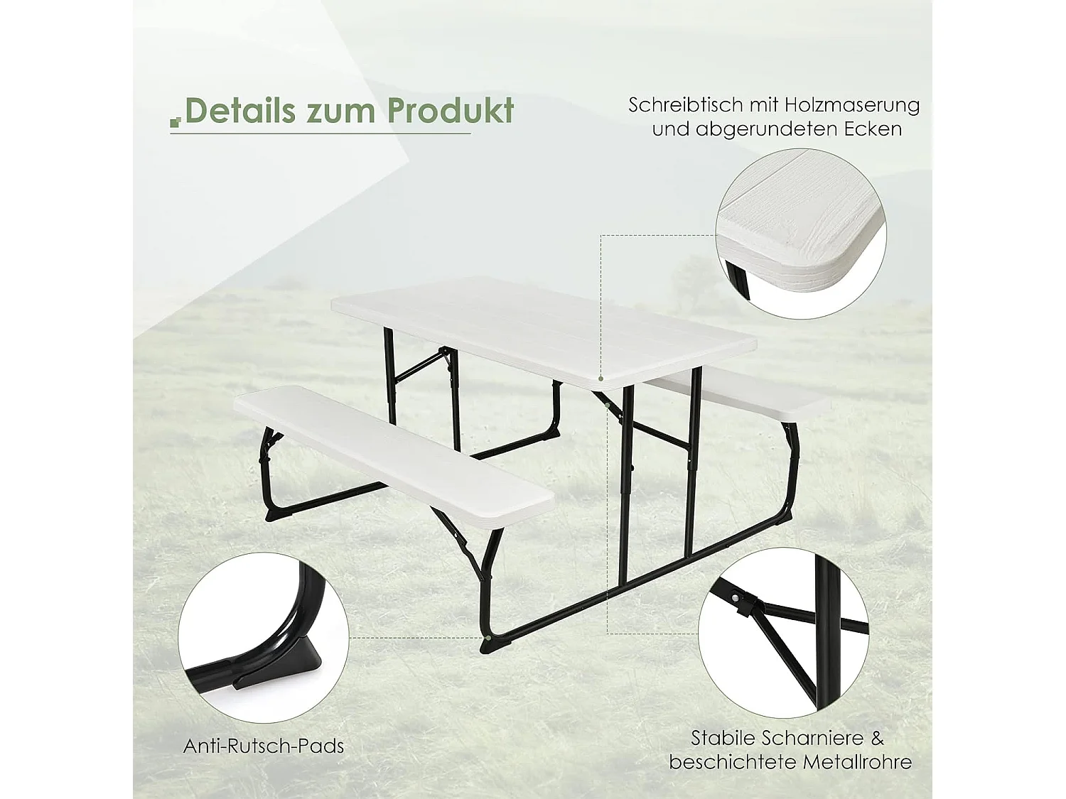 Inklapbare picknicktafel met banken, 136 cm, campingtafelset voor buiten, biertentgarnituur, biertafelgarnituur voor terras, tuin (wit)AB92894