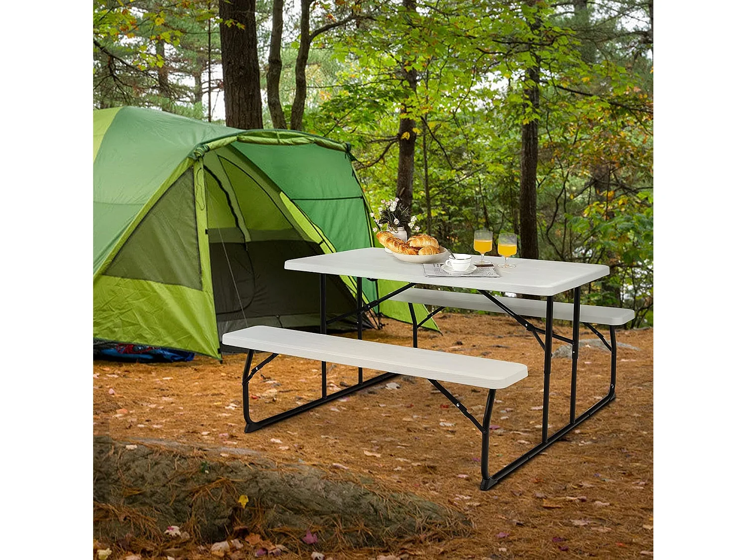 Inklapbare picknicktafel met banken, 136 cm, campingtafelset voor buiten, biertentgarnituur, biertafelgarnituur voor terras, tuin (wit)AB92894