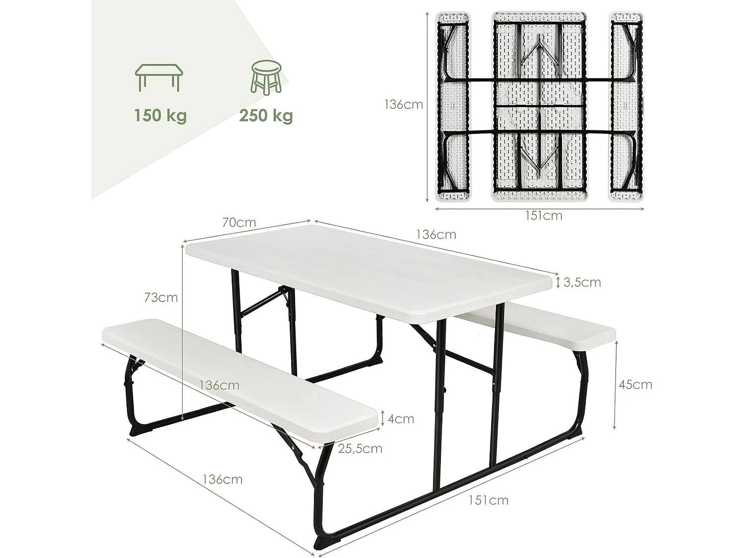Inklapbare picknicktafel met banken, 136 cm, campingtafelset voor buiten, biertentgarnituur, biertafelgarnituur voor terras, tuin (wit)AB92894