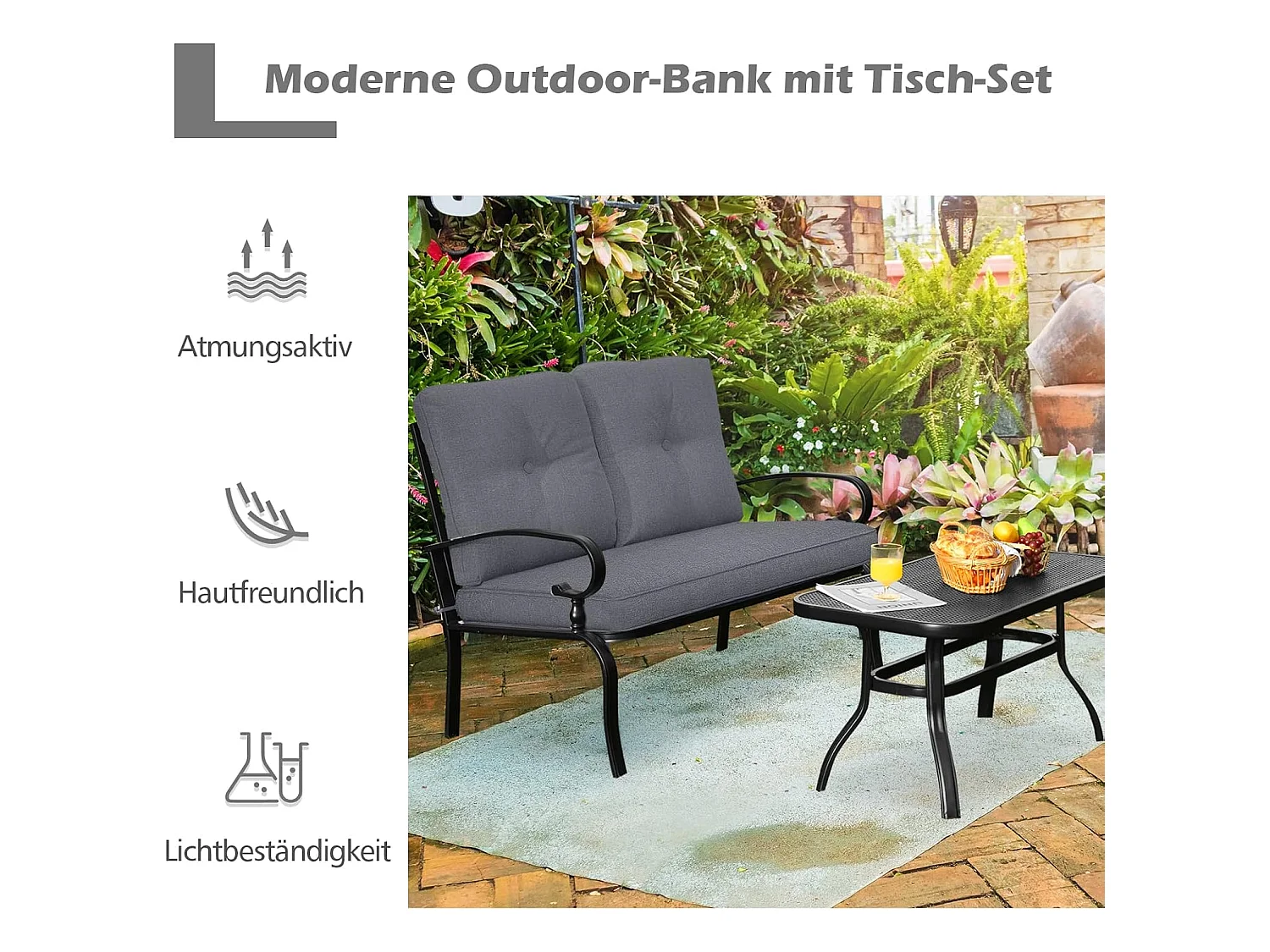 2-zits tuinbank met salontafel, zitbank met kussens, balkonmeubelset, tuinset, balkonset, zitgroep voor tuin, balkon, erf ZB32391
