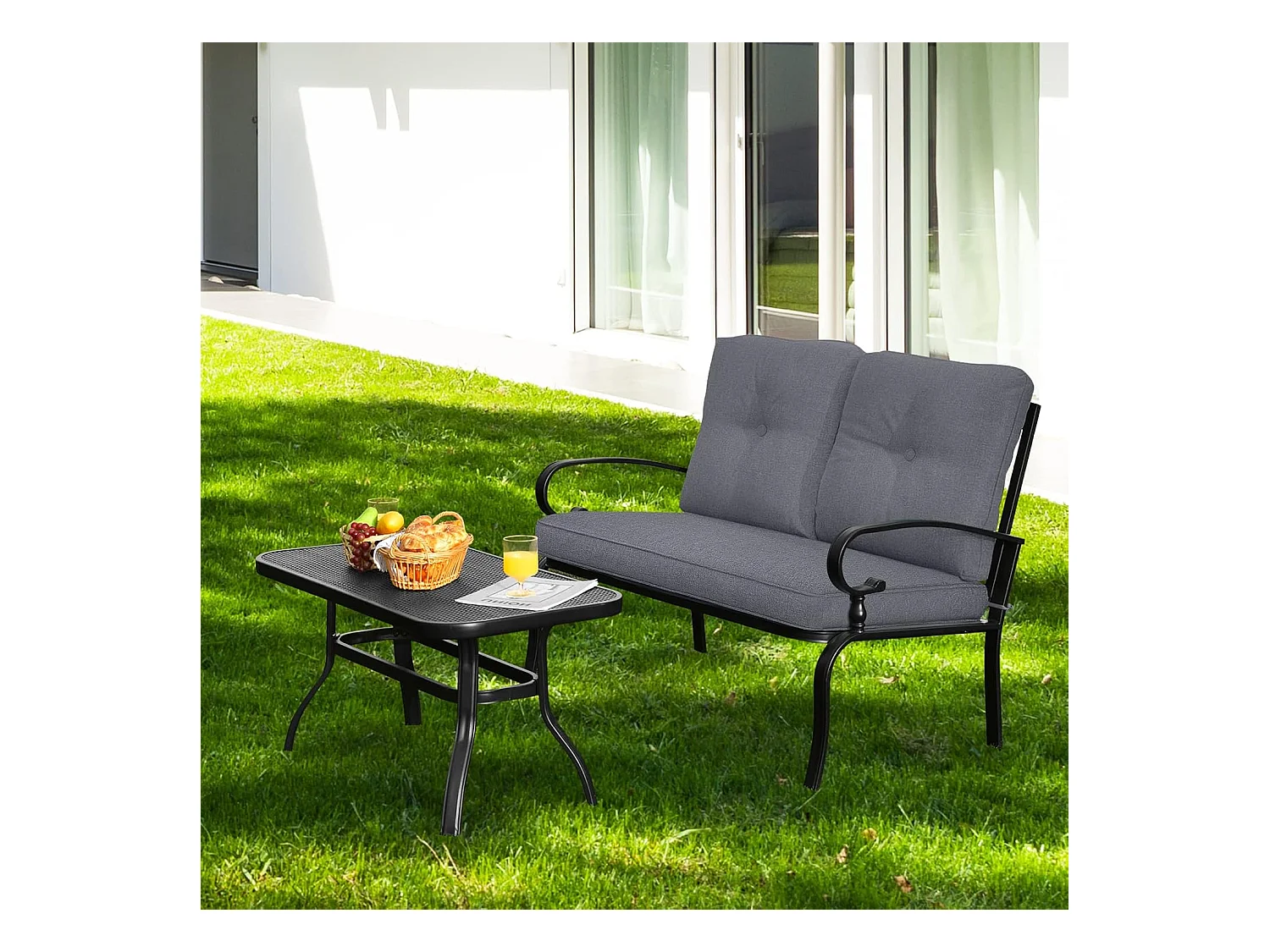 2-zits tuinbank met salontafel, zitbank met kussens, balkonmeubelset, tuinset, balkonset, zitgroep voor tuin, balkon, erf ZB32391