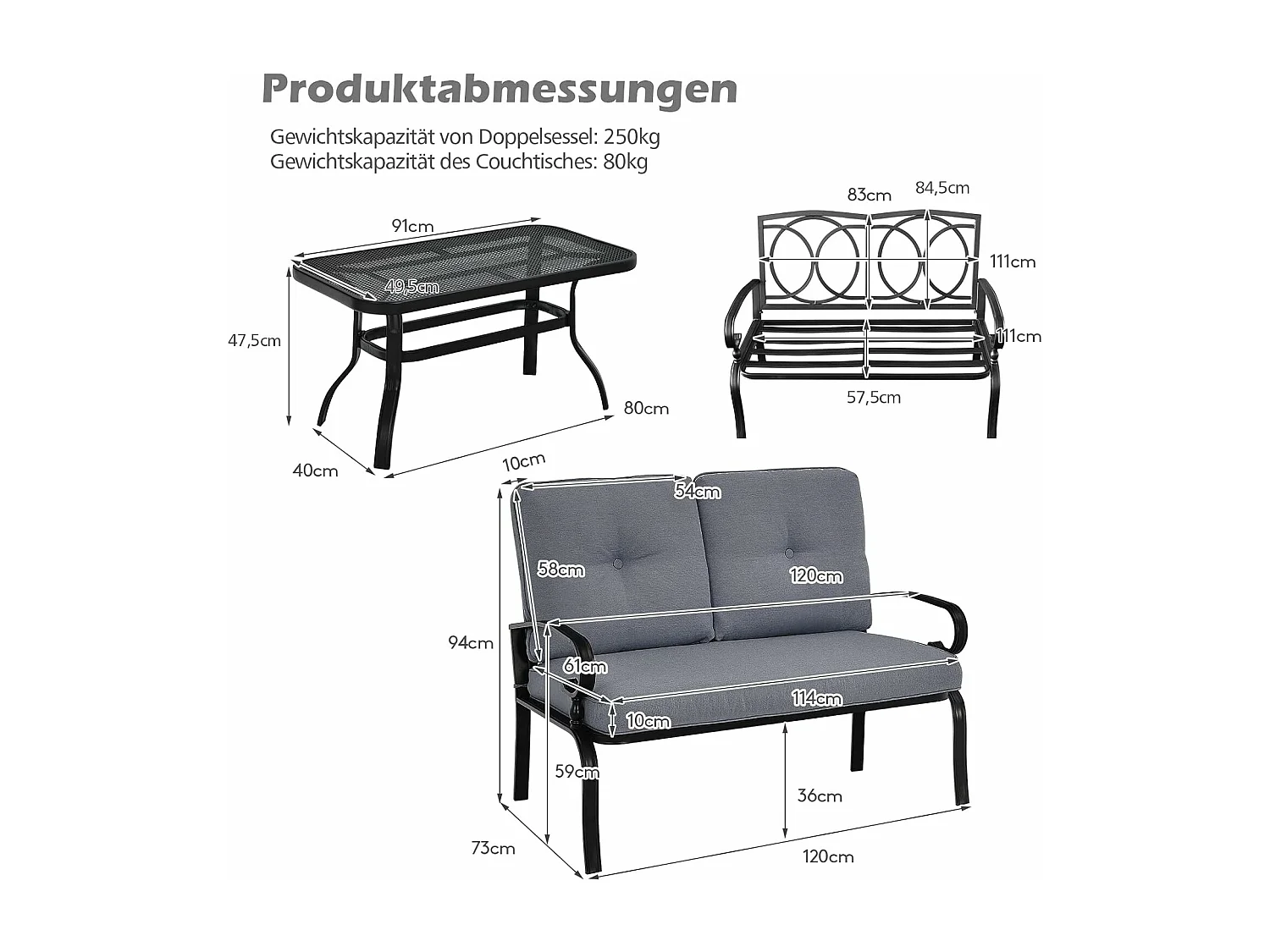 2-zits tuinbank met salontafel, zitbank met kussens, balkonmeubelset, tuinset, balkonset, zitgroep voor tuin, balkon, erf ZB32391
