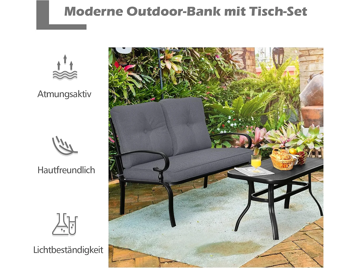 2-zits tuinbank met salontafel, zitbank met kussens, balkonmeubelset, tuinset, balkonset, zitgroep voor tuin, balkon, erf ZB32391