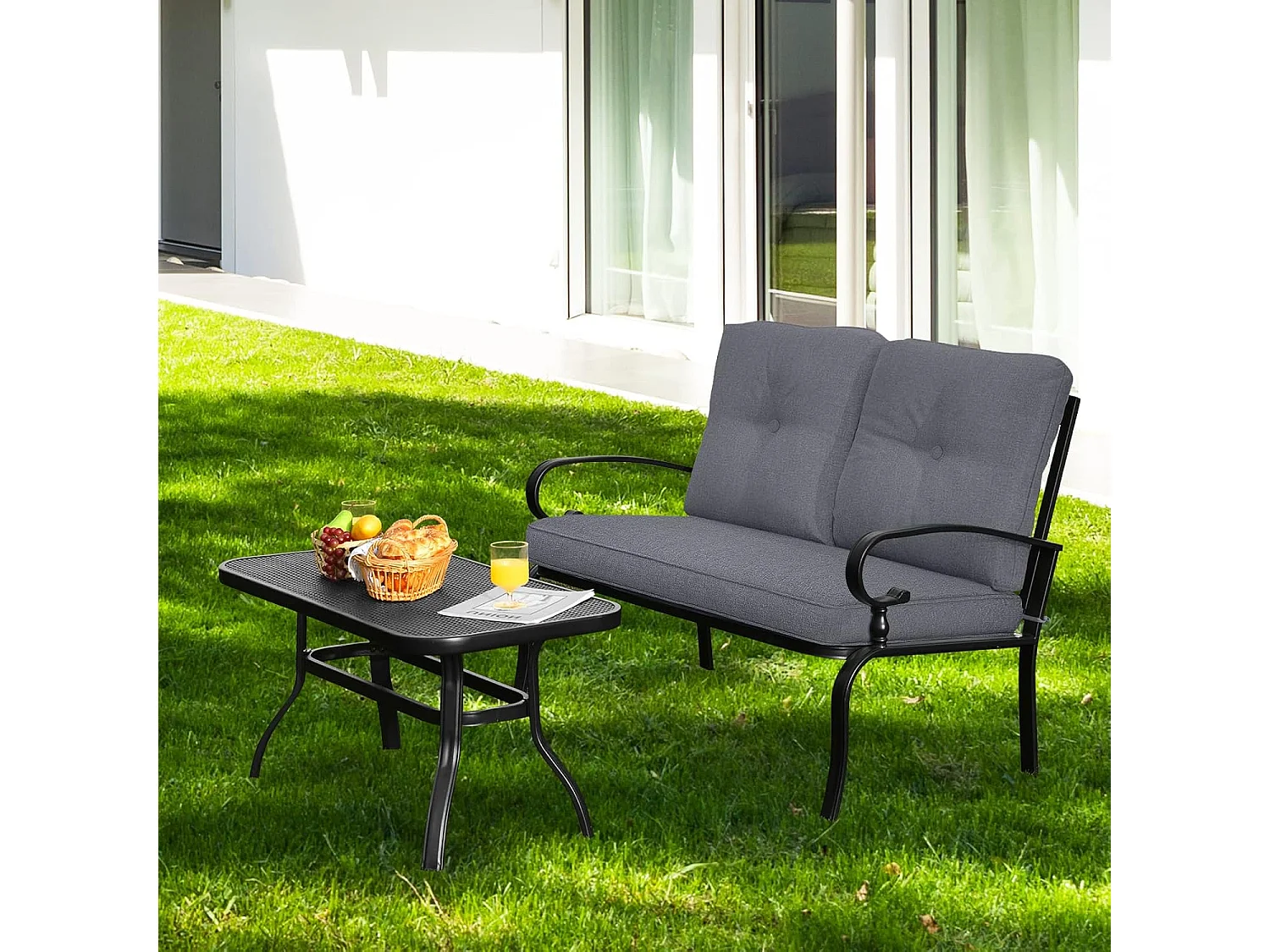 2-zits tuinbank met salontafel, zitbank met kussens, balkonmeubelset, tuinset, balkonset, zitgroep voor tuin, balkon, erf ZB32391