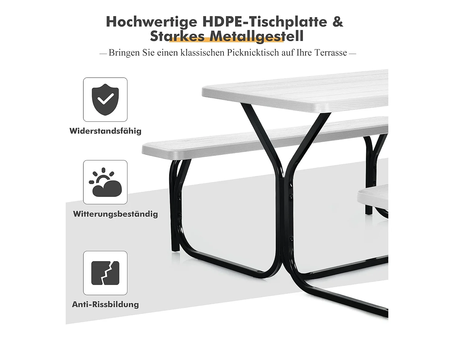Biertentgarnituur, picknicktafel en 2 zitbanken, campingtafelset feesttentgarnituur voor terras, tuin, zwembad, 137 x 150 x 72 cm (wit)AB5611