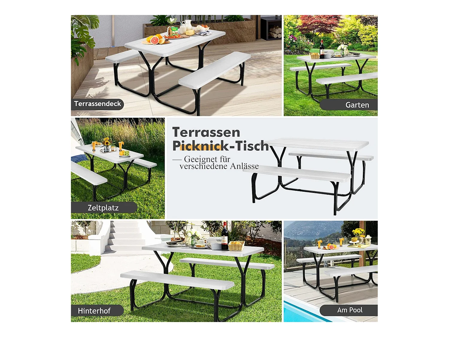 Biertentgarnituur, picknicktafel en 2 zitbanken, campingtafelset feesttentgarnituur voor terras, tuin, zwembad, 137 x 150 x 72 cm (wit)AB5611