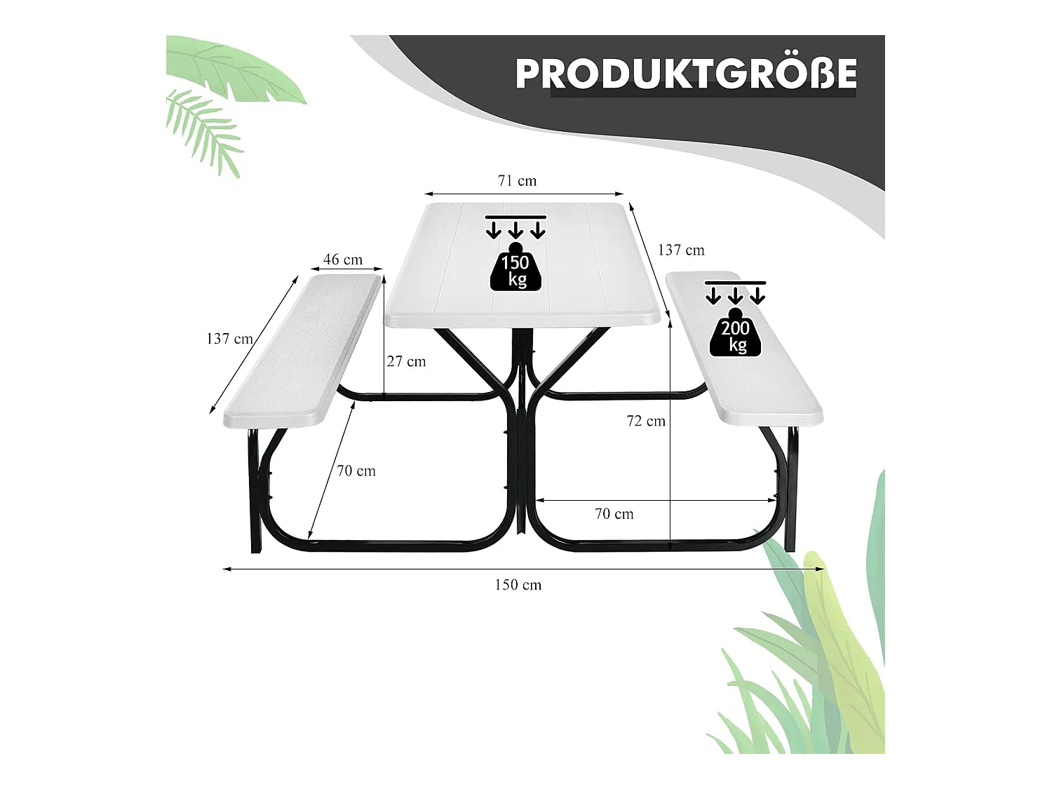 Biertentgarnituur, picknicktafel en 2 zitbanken, campingtafelset feesttentgarnituur voor terras, tuin, zwembad, 137 x 150 x 72 cm (wit)AB5611