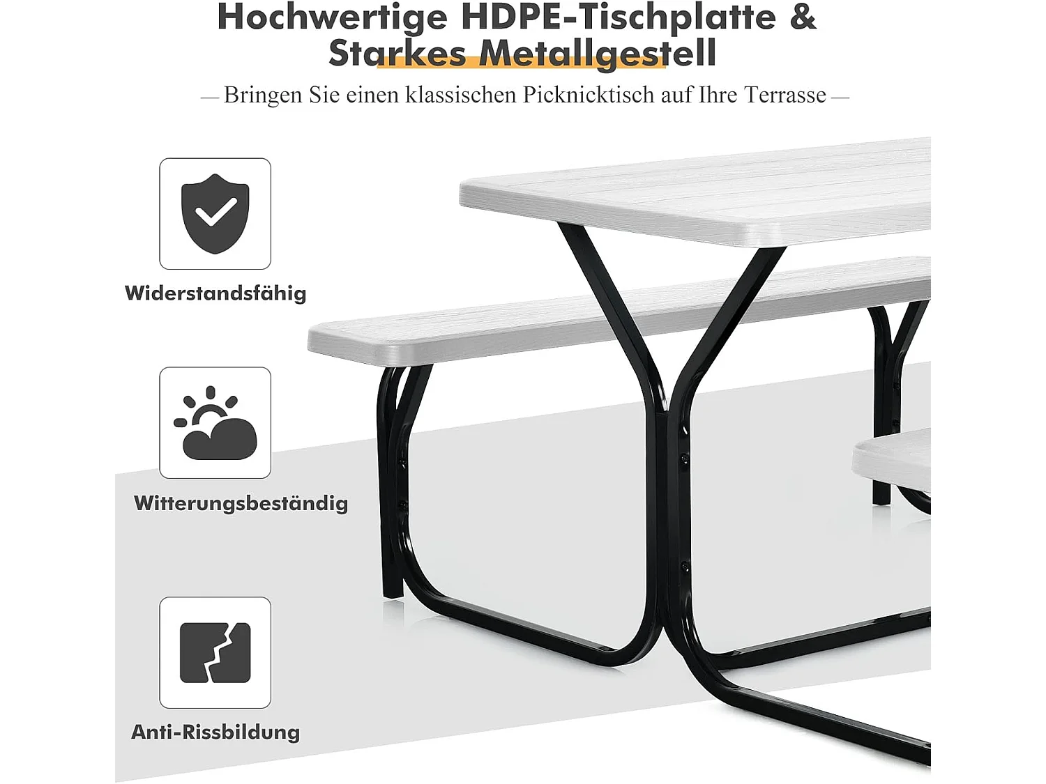Biertentgarnituur, picknicktafel en 2 zitbanken, campingtafelset feesttentgarnituur voor terras, tuin, zwembad, 137 x 150 x 72 cm (wit)AB5611