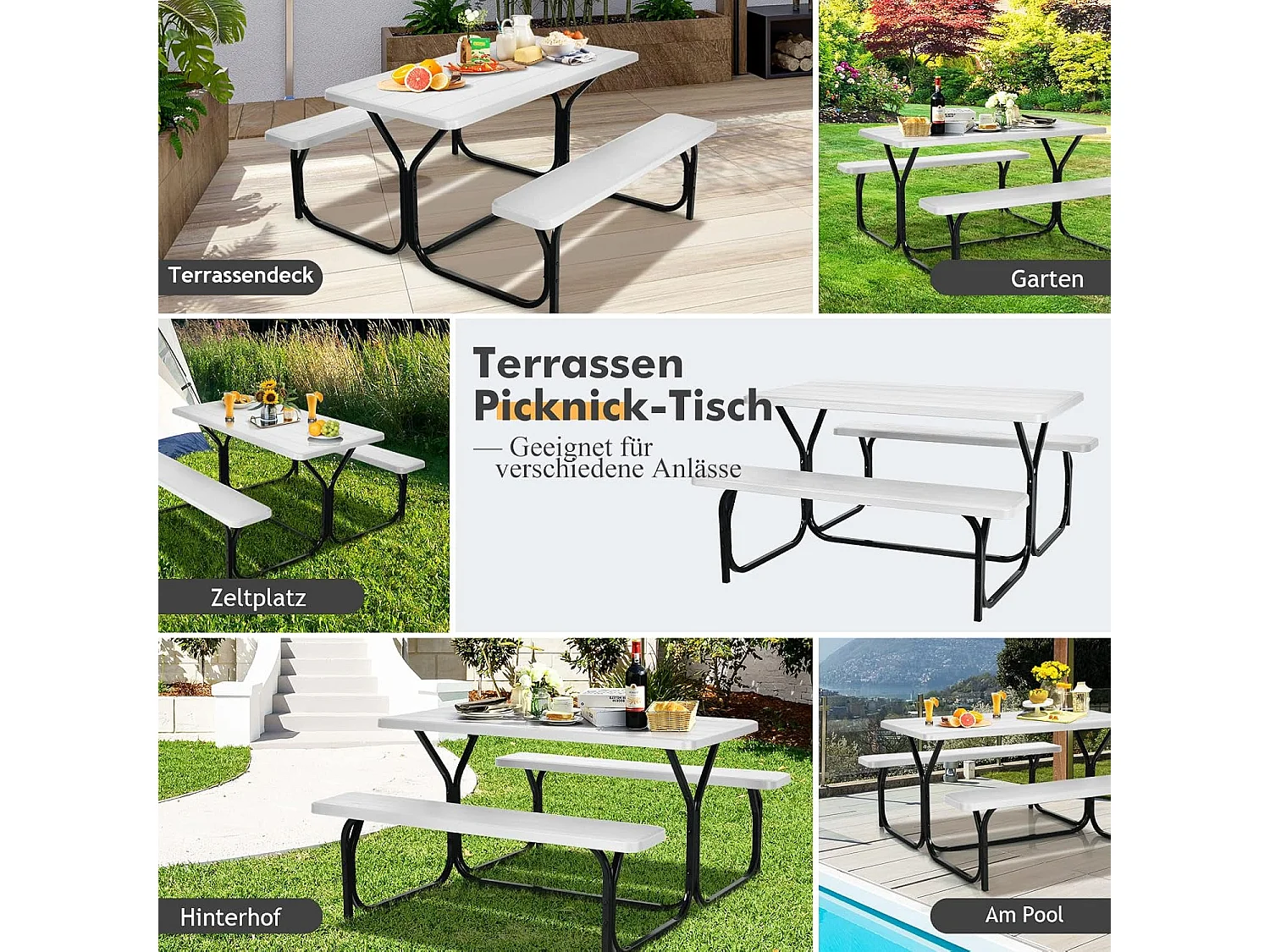 Biertentgarnituur, picknicktafel en 2 zitbanken, campingtafelset feesttentgarnituur voor terras, tuin, zwembad, 137 x 150 x 72 cm (wit)AB5611