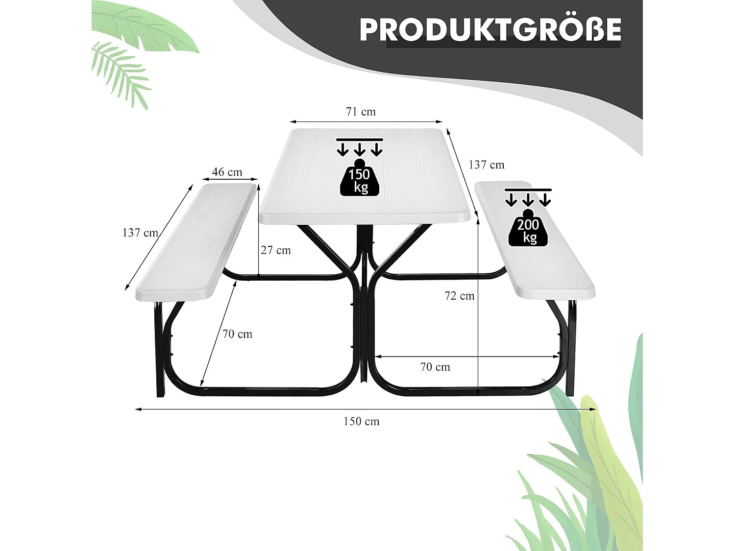 Biertentgarnituur, picknicktafel en 2 zitbanken, campingtafelset feesttentgarnituur voor terras, tuin, zwembad, 137 x 150 x 72 cm (wit)AB5611