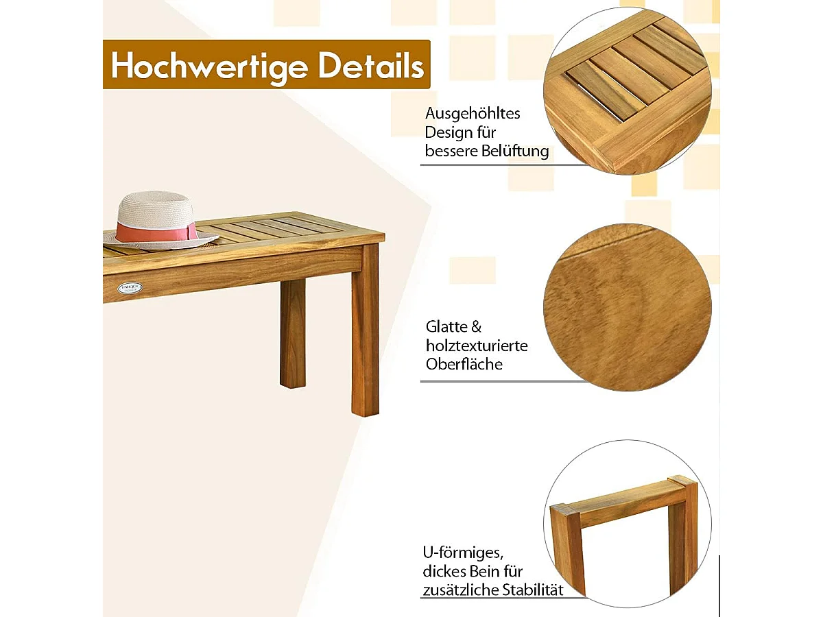 Tuinbank zonder rugleuning, 2-zitsbank,houten bank van massief hout, belastbaar tot 360 kg, balkonbank, balkon, terras, 132 x 34 x 43,5 cm