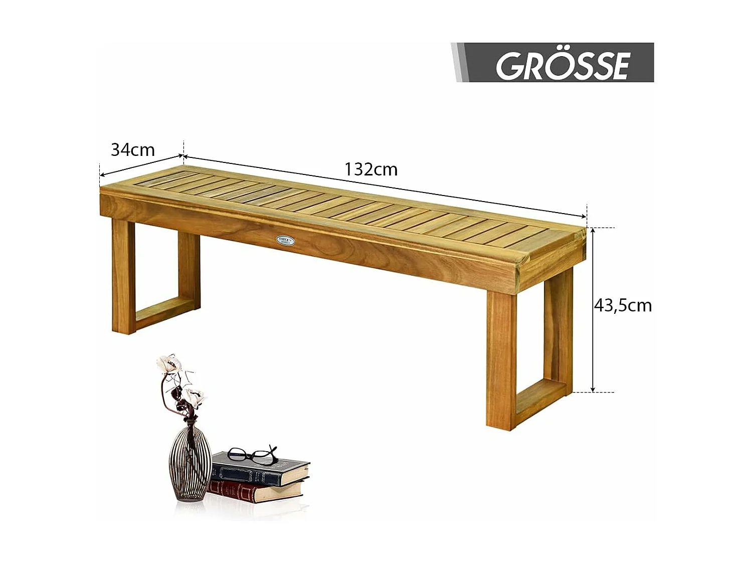 Tuinbank zonder rugleuning, 2-zitsbank,houten bank van massief hout, belastbaar tot 360 kg, balkonbank, balkon, terras, 132 x 34 x 43,5 cm