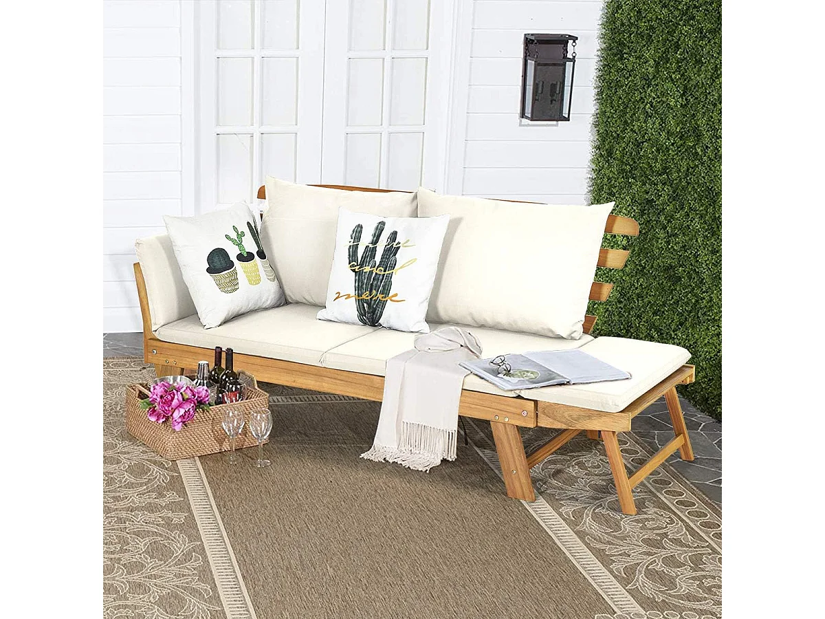 Acacia Houten Omvormbare Slaapbank met Verstelbare Armleuningen, Inklapbare Chaise Longue, Buiten Slaapbank voor Tuin,(wit)AB93317