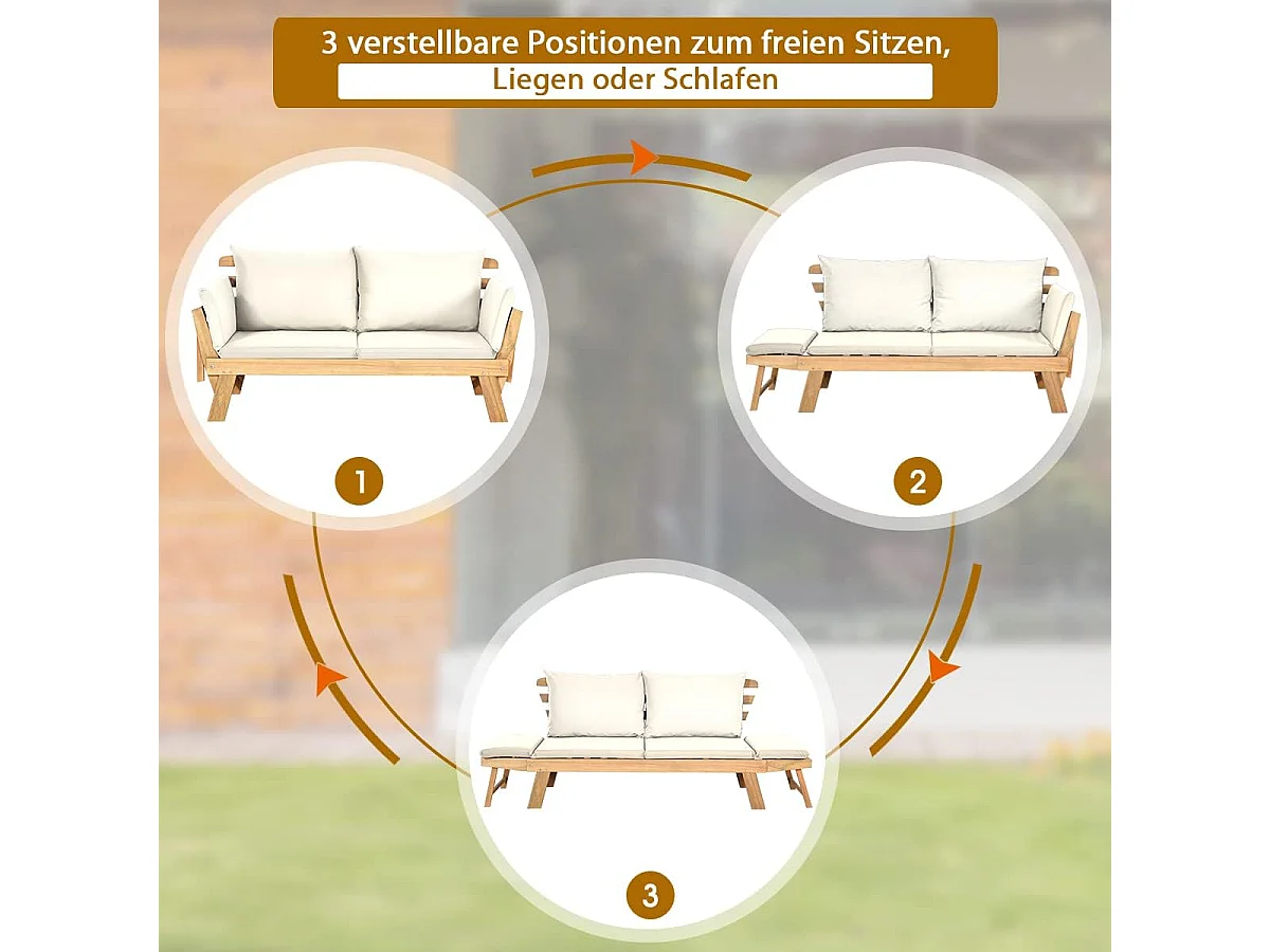 Acacia Houten Omvormbare Slaapbank met Verstelbare Armleuningen, Inklapbare Chaise Longue, Buiten Slaapbank voor Tuin,(wit)AB93317