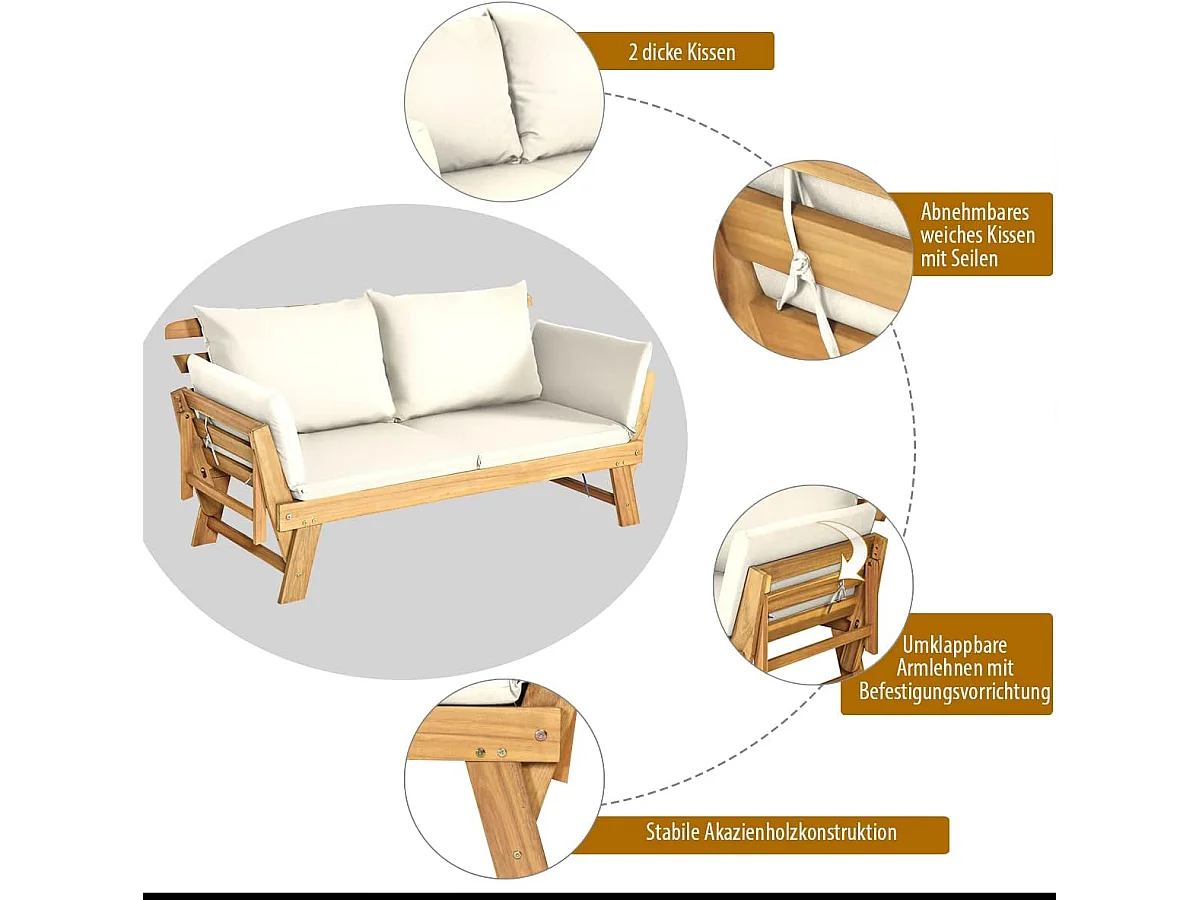 Acacia Houten Omvormbare Slaapbank met Verstelbare Armleuningen, Inklapbare Chaise Longue, Buiten Slaapbank voor Tuin,(wit)AB93317