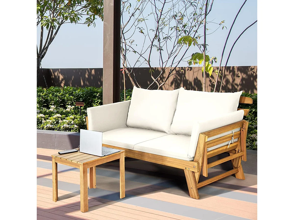 Acacia Houten Omvormbare Slaapbank met Verstelbare Armleuningen, Inklapbare Chaise Longue, Buiten Slaapbank voor Tuin,(wit)AB93317