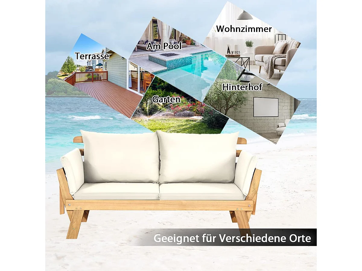 Acacia Houten Omvormbare Slaapbank met Verstelbare Armleuningen, Inklapbare Chaise Longue, Buiten Slaapbank voor Tuin,(wit)AB93317