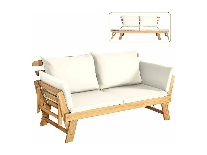 Acacia Houten Omvormbare Slaapbank met Verstelbare Armleuningen, Inklapbare Chaise Longue, Buiten Slaapbank voor Tuin,(wit)AB93317