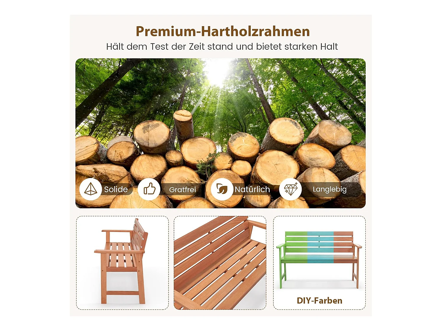 Tuinbank van hardhout, houten bank,zitbank voor 2 personen, balkonbank van hardhout, parkeerbank voor terras, balkon, tuin, 120,5 x 64 x 84 cm