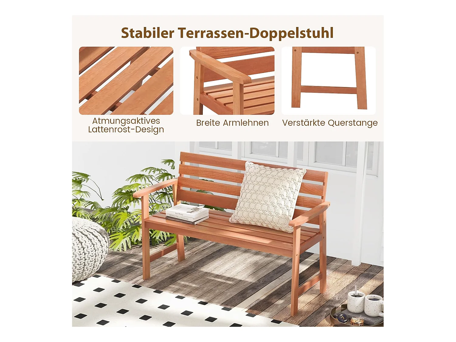 Tuinbank van hardhout, houten bank,zitbank voor 2 personen, balkonbank van hardhout, parkeerbank voor terras, balkon, tuin, 120,5 x 64 x 84 cm