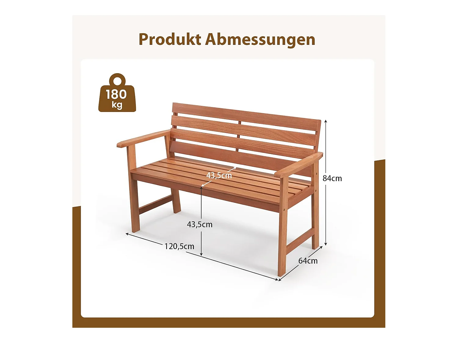 Tuinbank van hardhout, houten bank,zitbank voor 2 personen, balkonbank van hardhout, parkeerbank voor terras, balkon, tuin, 120,5 x 64 x 84 cm