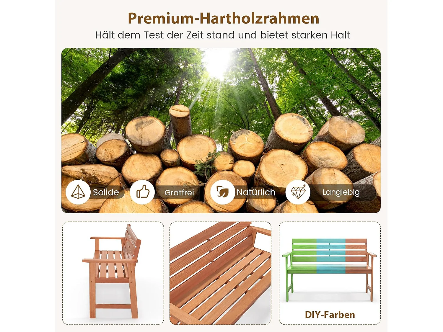 Tuinbank van hardhout, houten bank,zitbank voor 2 personen, balkonbank van hardhout, parkeerbank voor terras, balkon, tuin, 120,5 x 64 x 84 cm