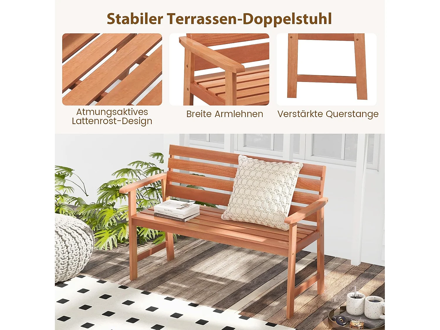 Tuinbank van hardhout, houten bank,zitbank voor 2 personen, balkonbank van hardhout, parkeerbank voor terras, balkon, tuin, 120,5 x 64 x 84 cm