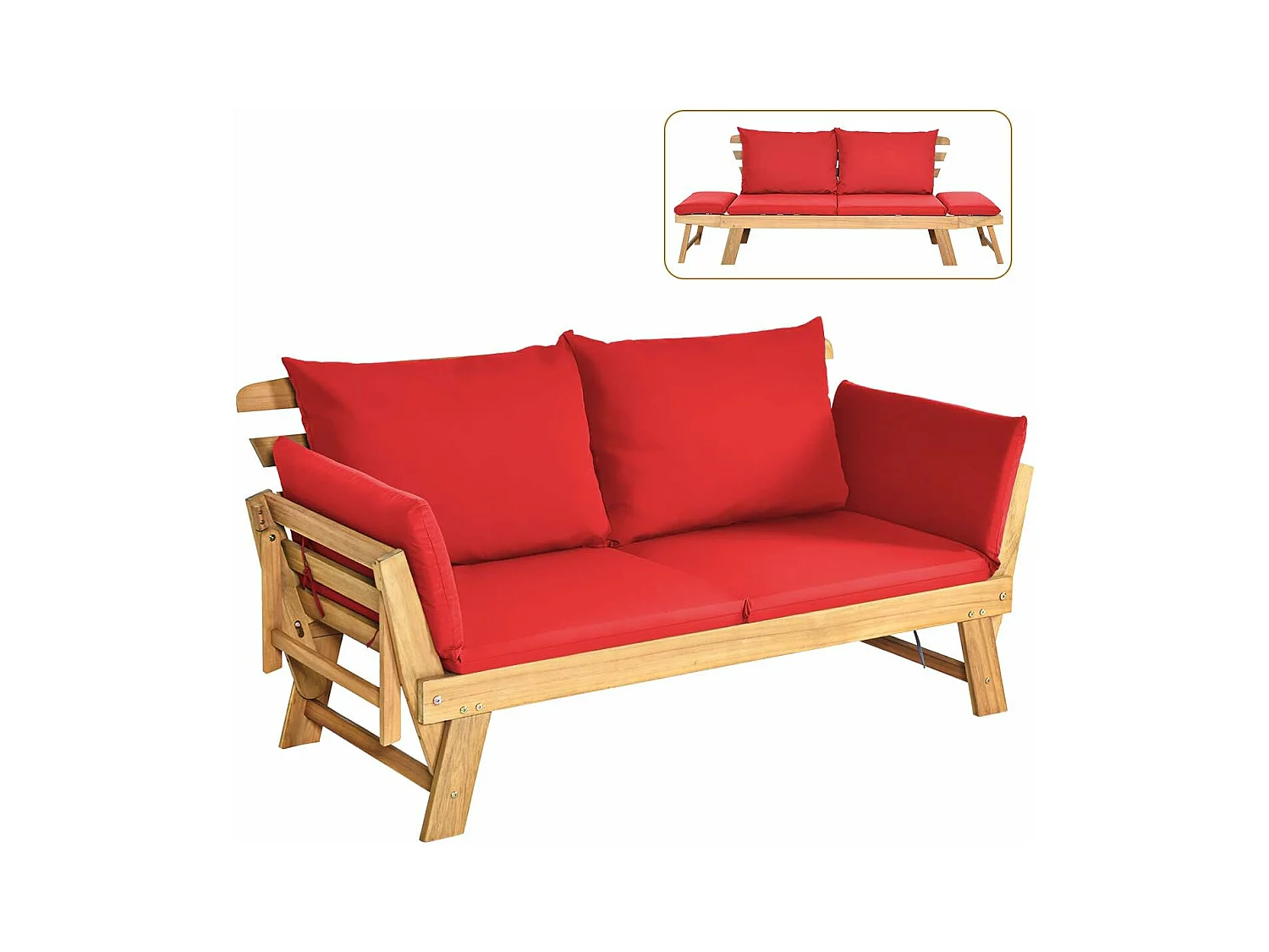 Tuinbank met ligfunctie, tuinbank en inklapbare armleuning, balkonbank van hout, zitbank voor tuin, terras, balkon, 198 x 75 x 75 cm, roodAB93317