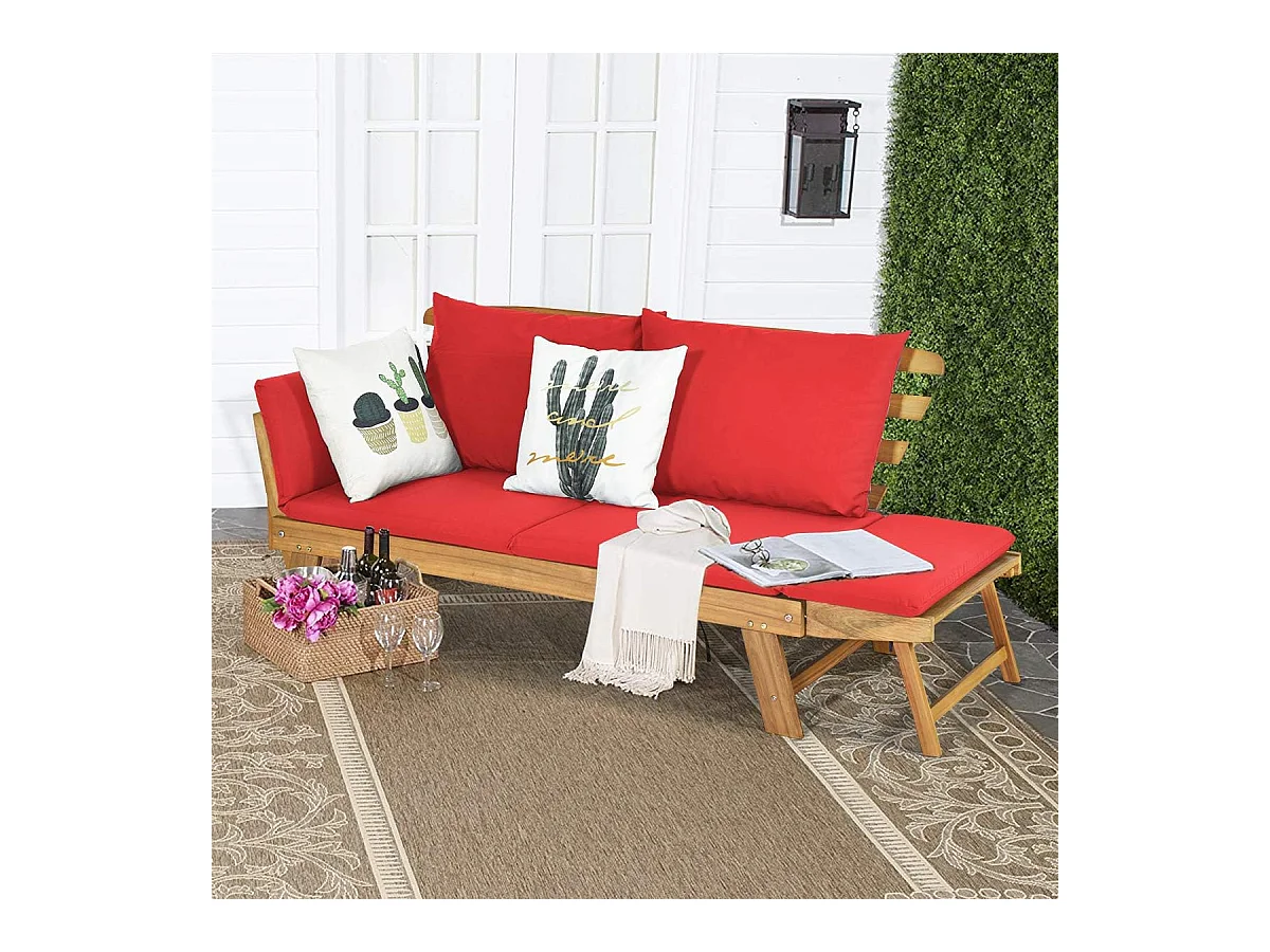 Tuinbank met ligfunctie, tuinbank en inklapbare armleuning, balkonbank van hout, zitbank voor tuin, terras, balkon, 198 x 75 x 75 cm, roodAB93317