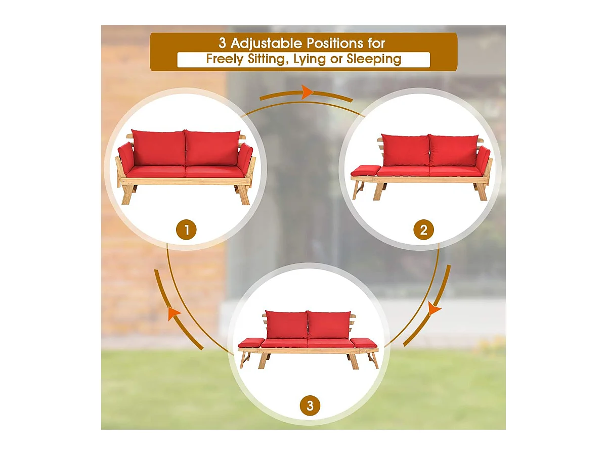 Tuinbank met ligfunctie, tuinbank en inklapbare armleuning, balkonbank van hout, zitbank voor tuin, terras, balkon, 198 x 75 x 75 cm, roodAB93317