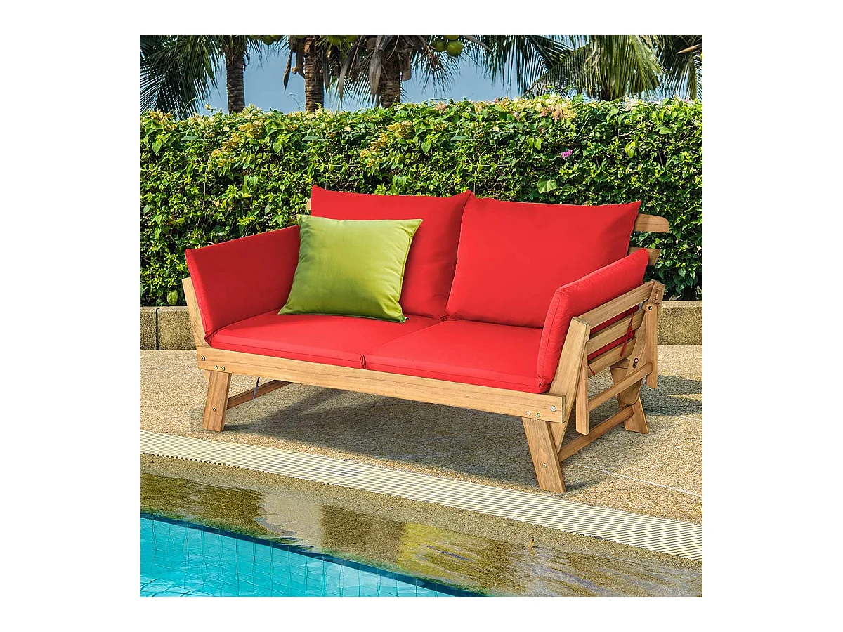 Tuinbank met ligfunctie, tuinbank en inklapbare armleuning, balkonbank van hout, zitbank voor tuin, terras, balkon, 198 x 75 x 75 cm, roodAB93317
