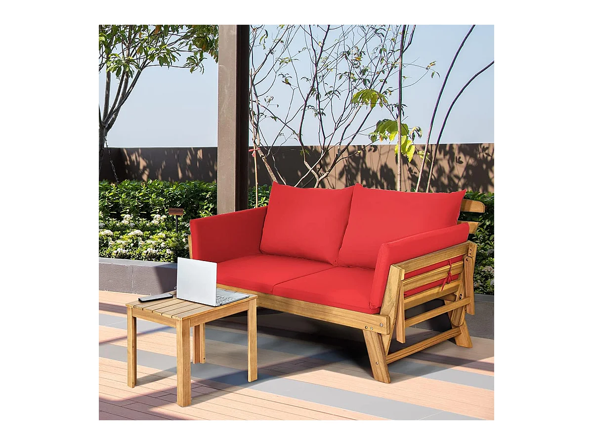 Tuinbank met ligfunctie, tuinbank en inklapbare armleuning, balkonbank van hout, zitbank voor tuin, terras, balkon, 198 x 75 x 75 cm, roodAB93317