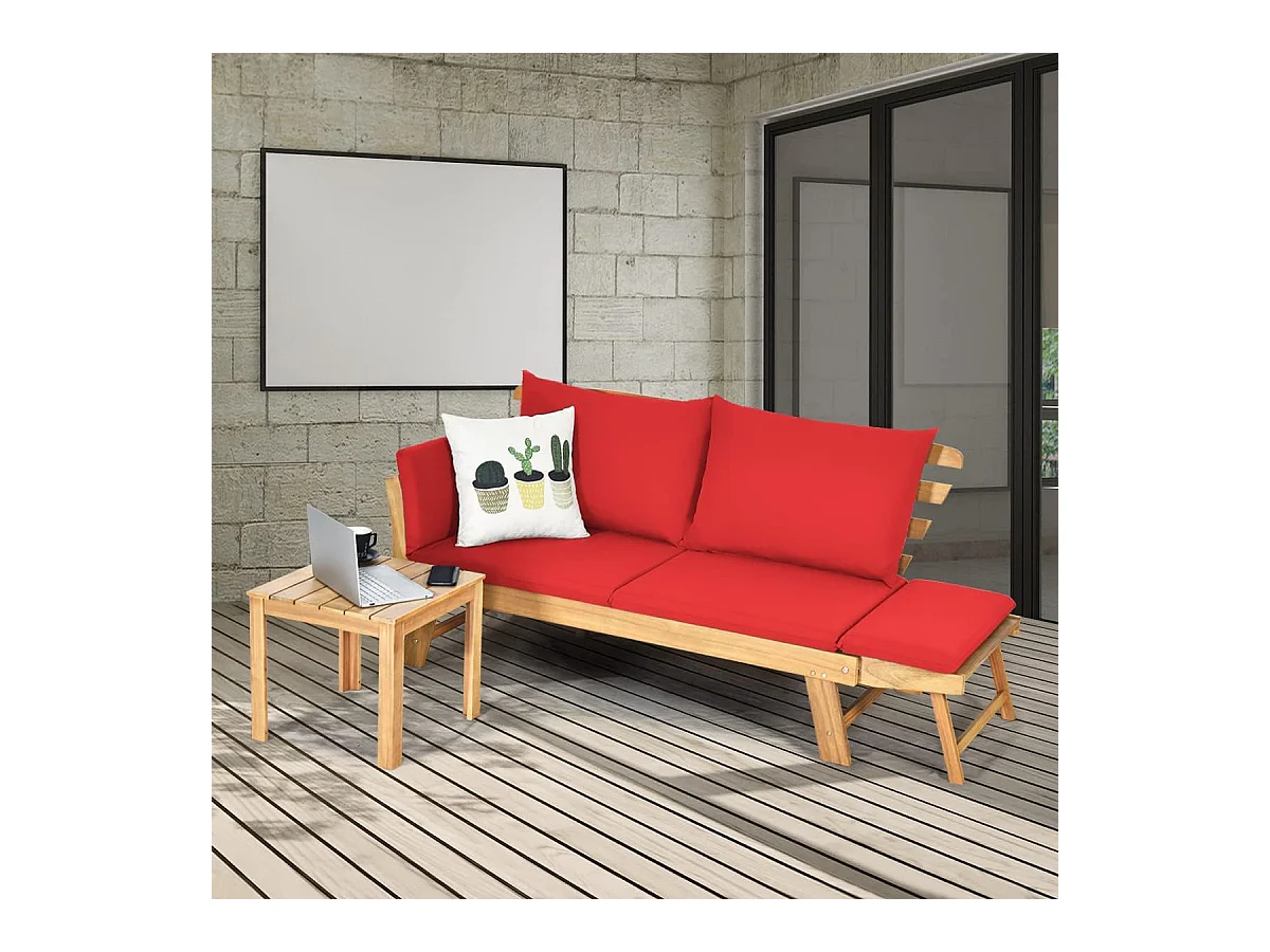 Tuinbank met ligfunctie, tuinbank en inklapbare armleuning, balkonbank van hout, zitbank voor tuin, terras, balkon, 198 x 75 x 75 cm, roodAB93317