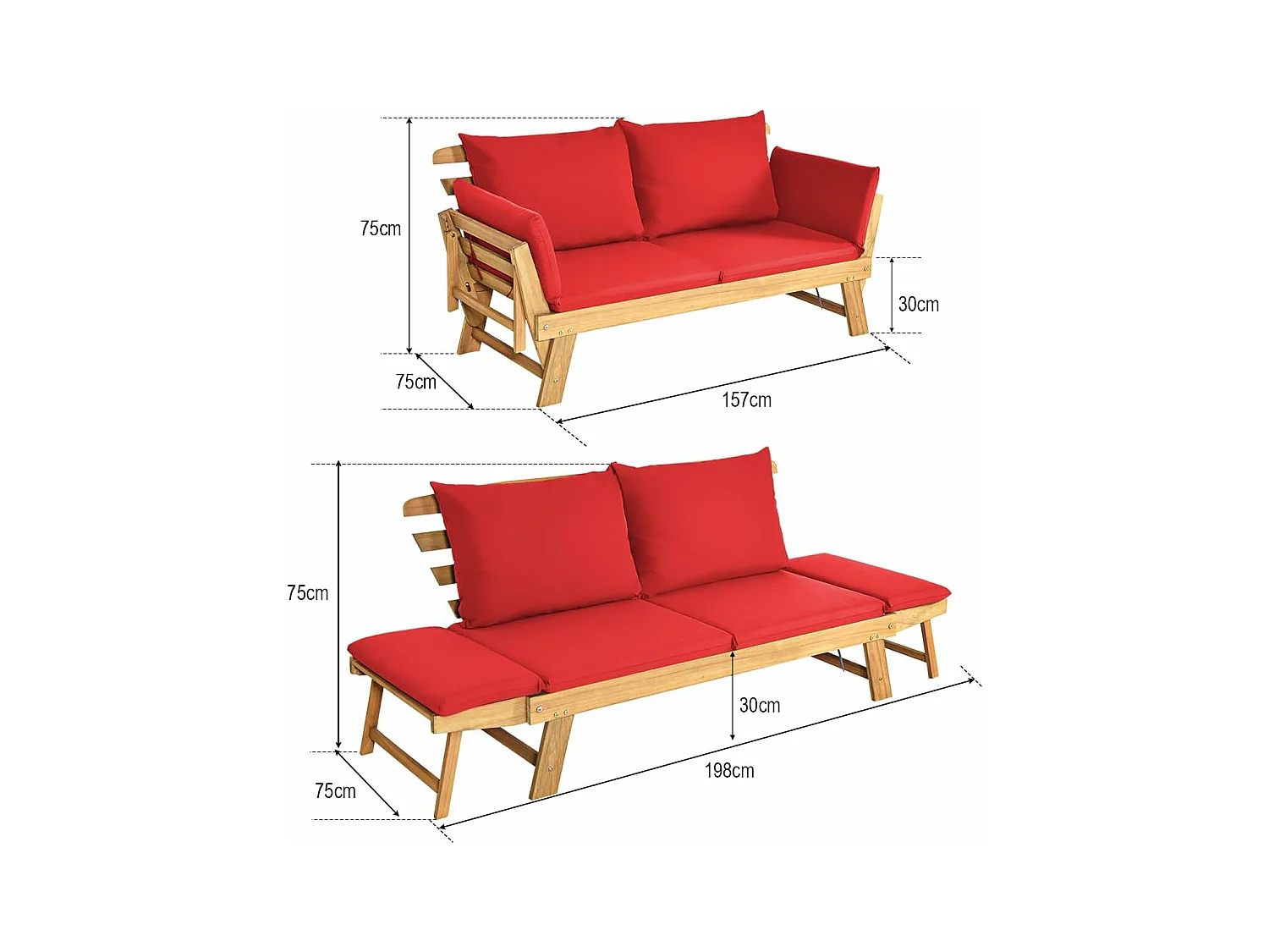 Tuinbank met ligfunctie, tuinbank en inklapbare armleuning, balkonbank van hout, zitbank voor tuin, terras, balkon, 198 x 75 x 75 cm, roodAB93317