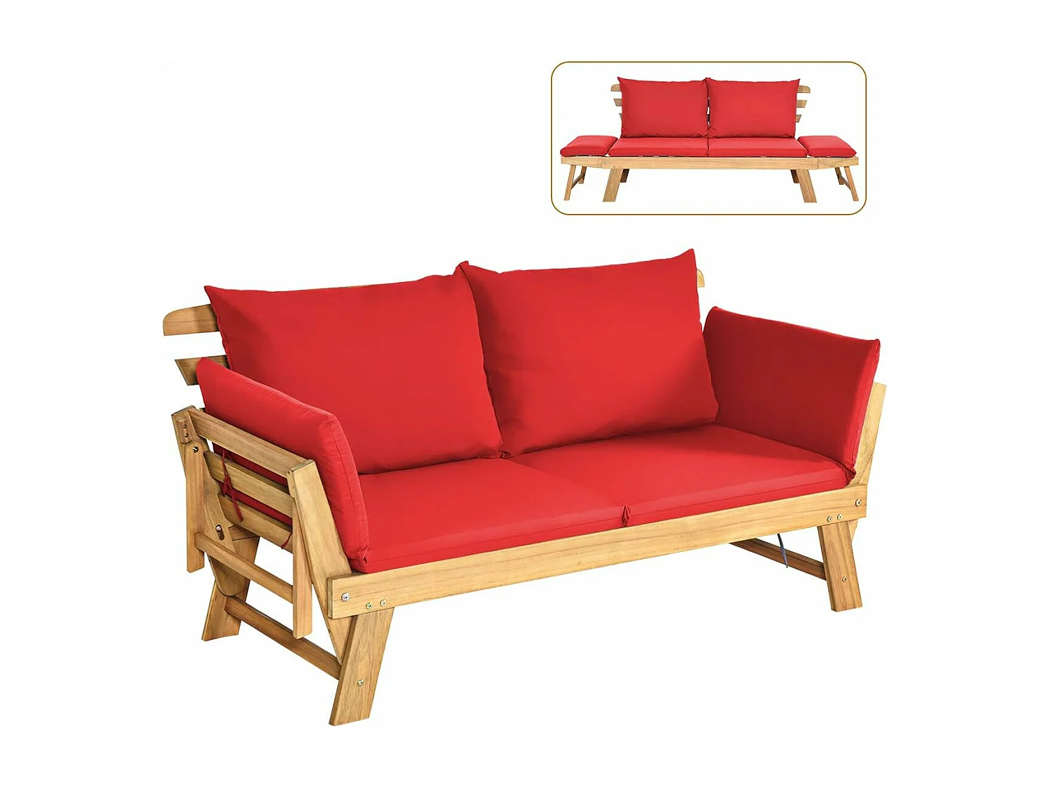 Tuinbank met ligfunctie, tuinbank en inklapbare armleuning, balkonbank van hout, zitbank voor tuin, terras, balkon, 198 x 75 x 75 cm, roodAB93317