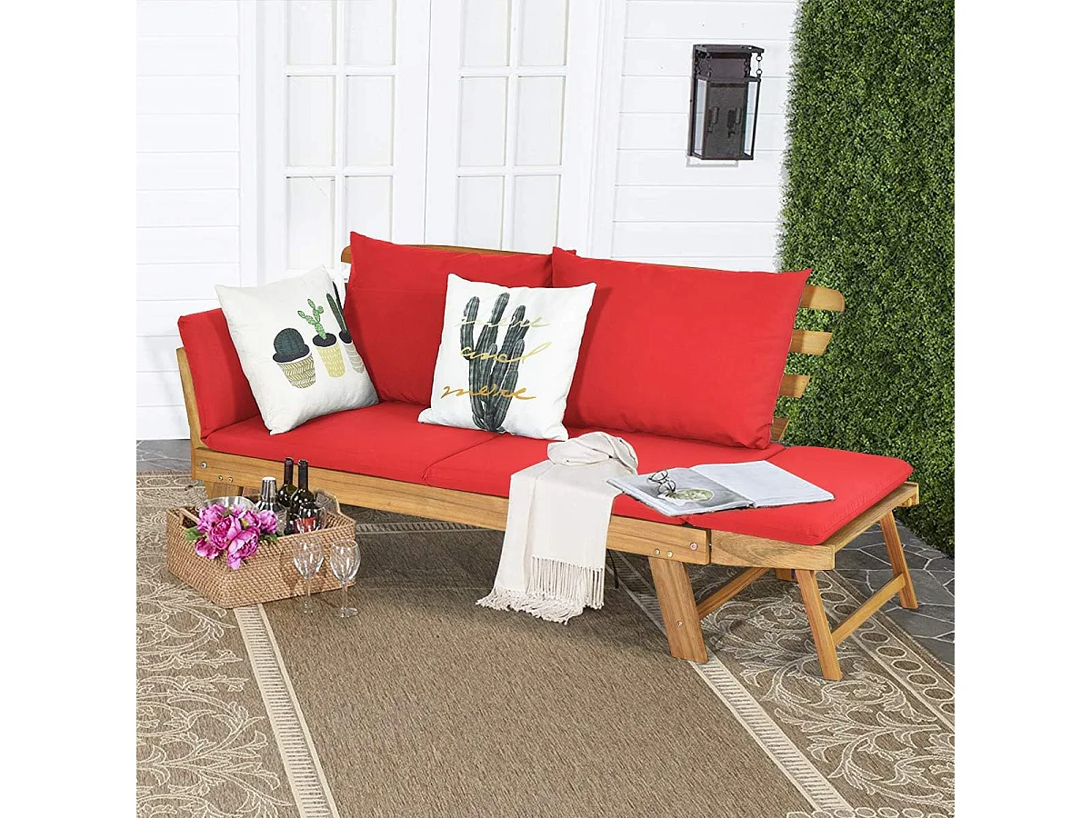 Tuinbank met ligfunctie, tuinbank en inklapbare armleuning, balkonbank van hout, zitbank voor tuin, terras, balkon, 198 x 75 x 75 cm, roodAB93317