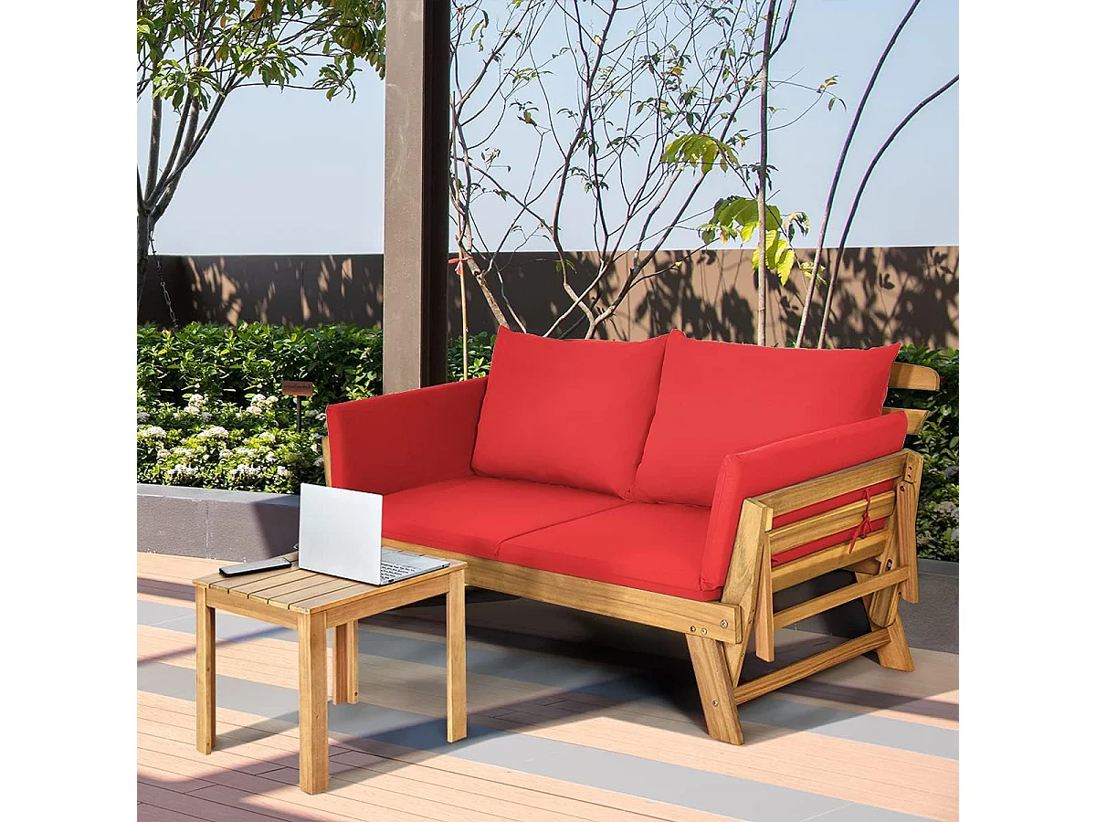 Tuinbank met ligfunctie, tuinbank en inklapbare armleuning, balkonbank van hout, zitbank voor tuin, terras, balkon, 198 x 75 x 75 cm, roodAB93317