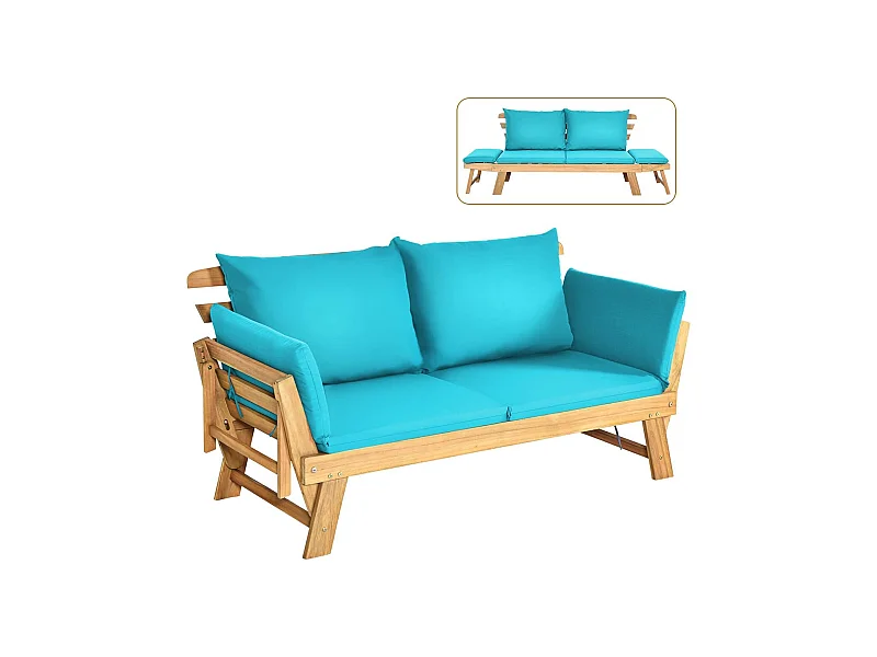 Tuinbank met ligfunctie, tuinbank en inklapbare armleuning, balkonbank van hout, zitbank voor tuin, terras, balkon, turquoise AB93317