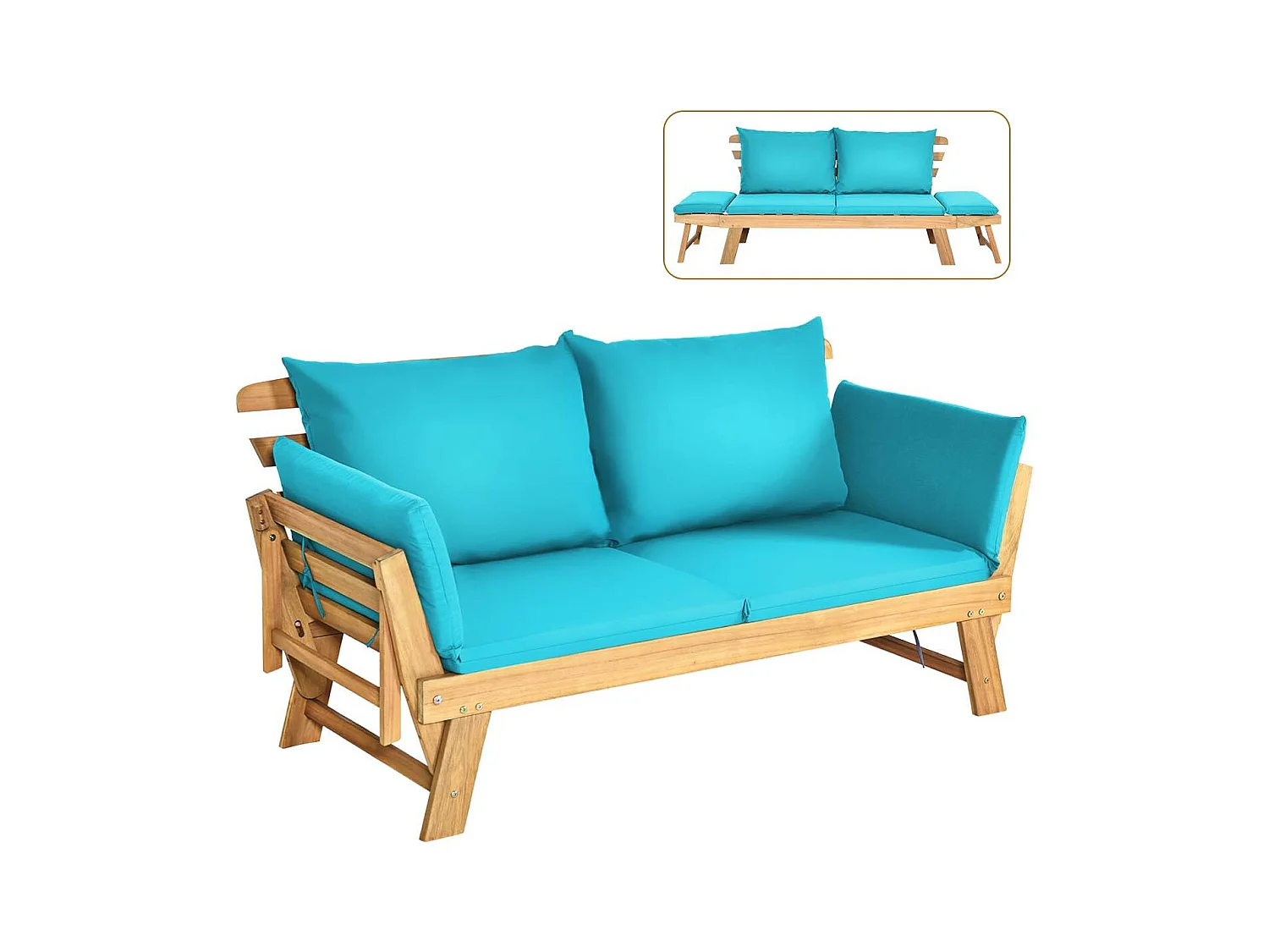 Tuinbank met ligfunctie, tuinbank en inklapbare armleuning, balkonbank van hout, zitbank voor tuin, terras, balkon, turquoise AB93317