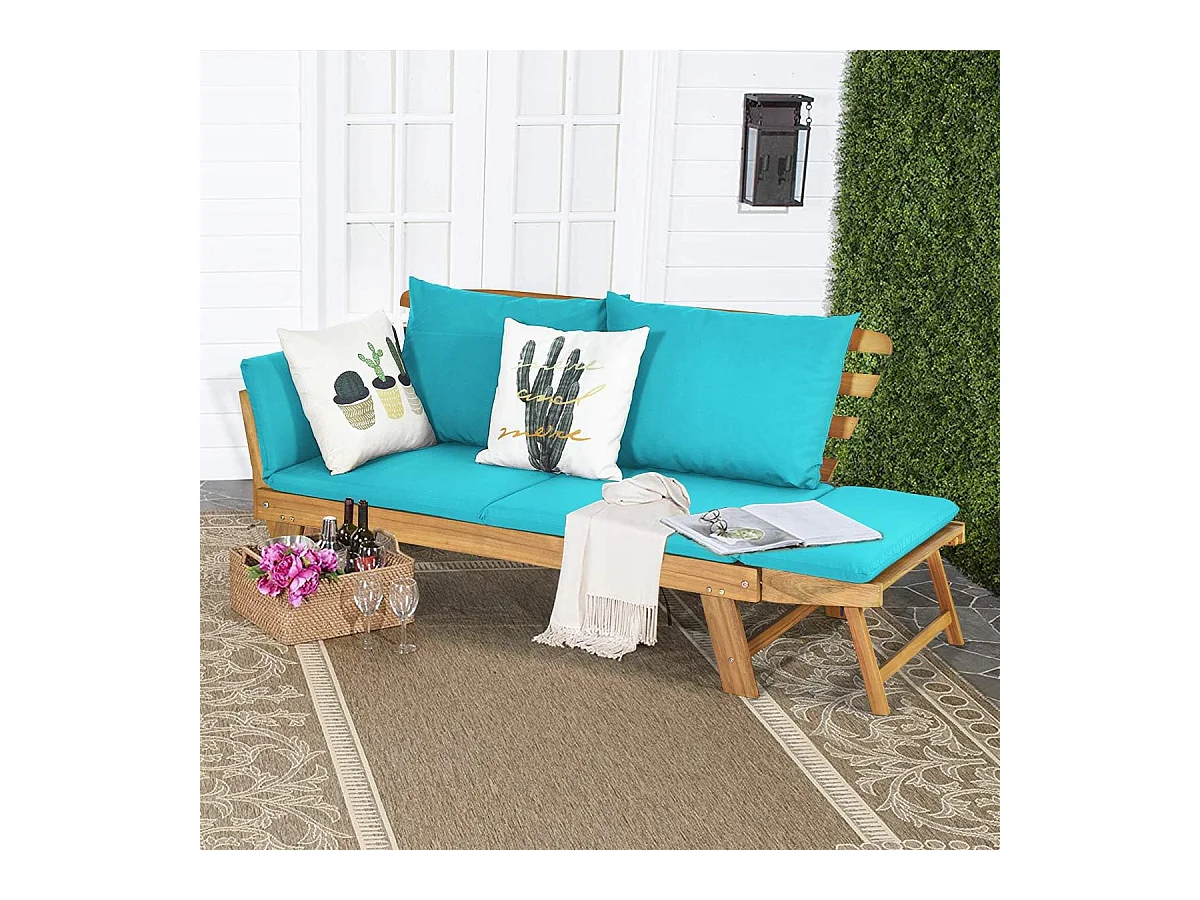 Tuinbank met ligfunctie, tuinbank en inklapbare armleuning, balkonbank van hout, zitbank voor tuin, terras, balkon, turquoise AB93317