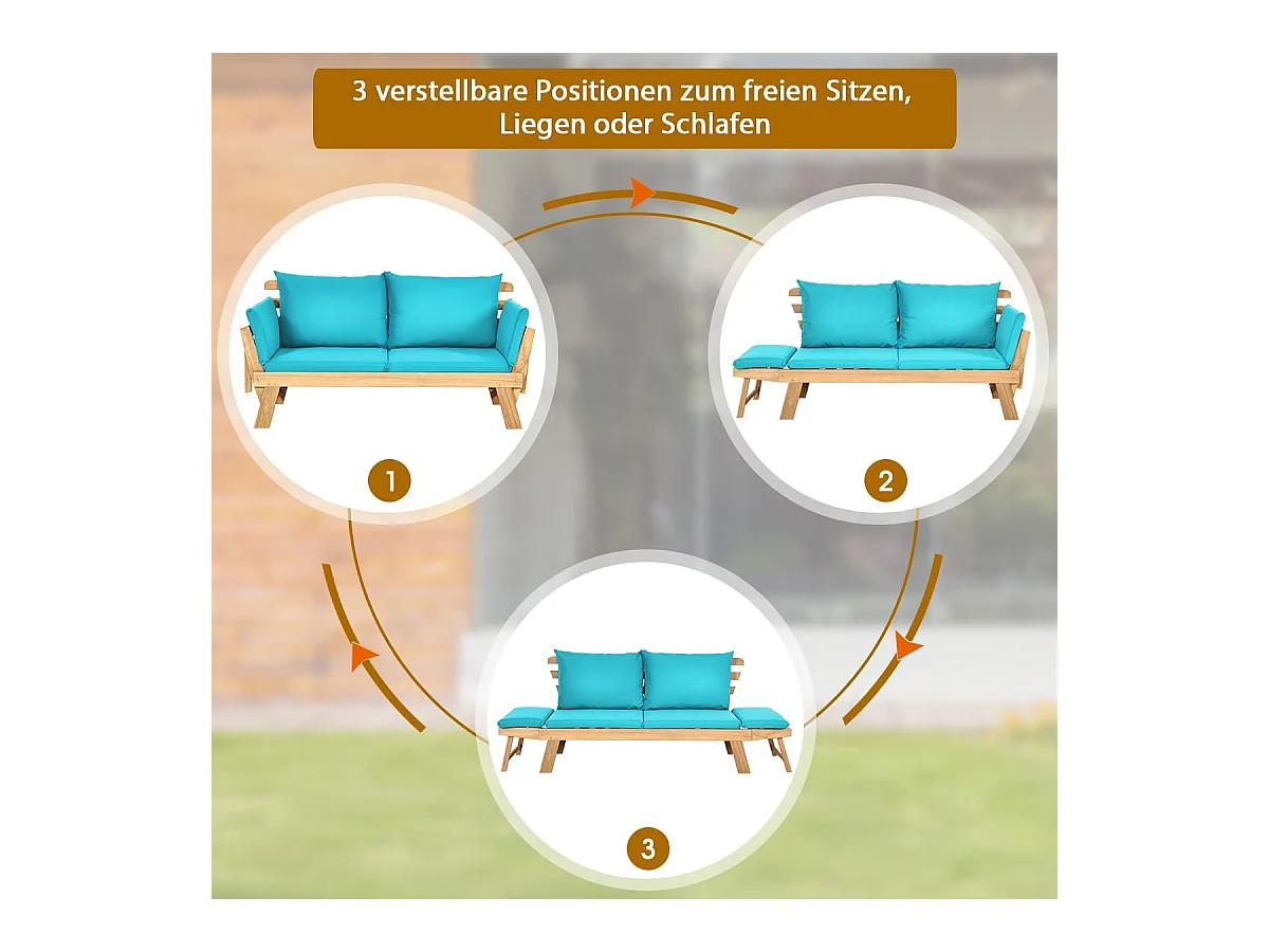 Tuinbank met ligfunctie, tuinbank en inklapbare armleuning, balkonbank van hout, zitbank voor tuin, terras, balkon, turquoise AB93317